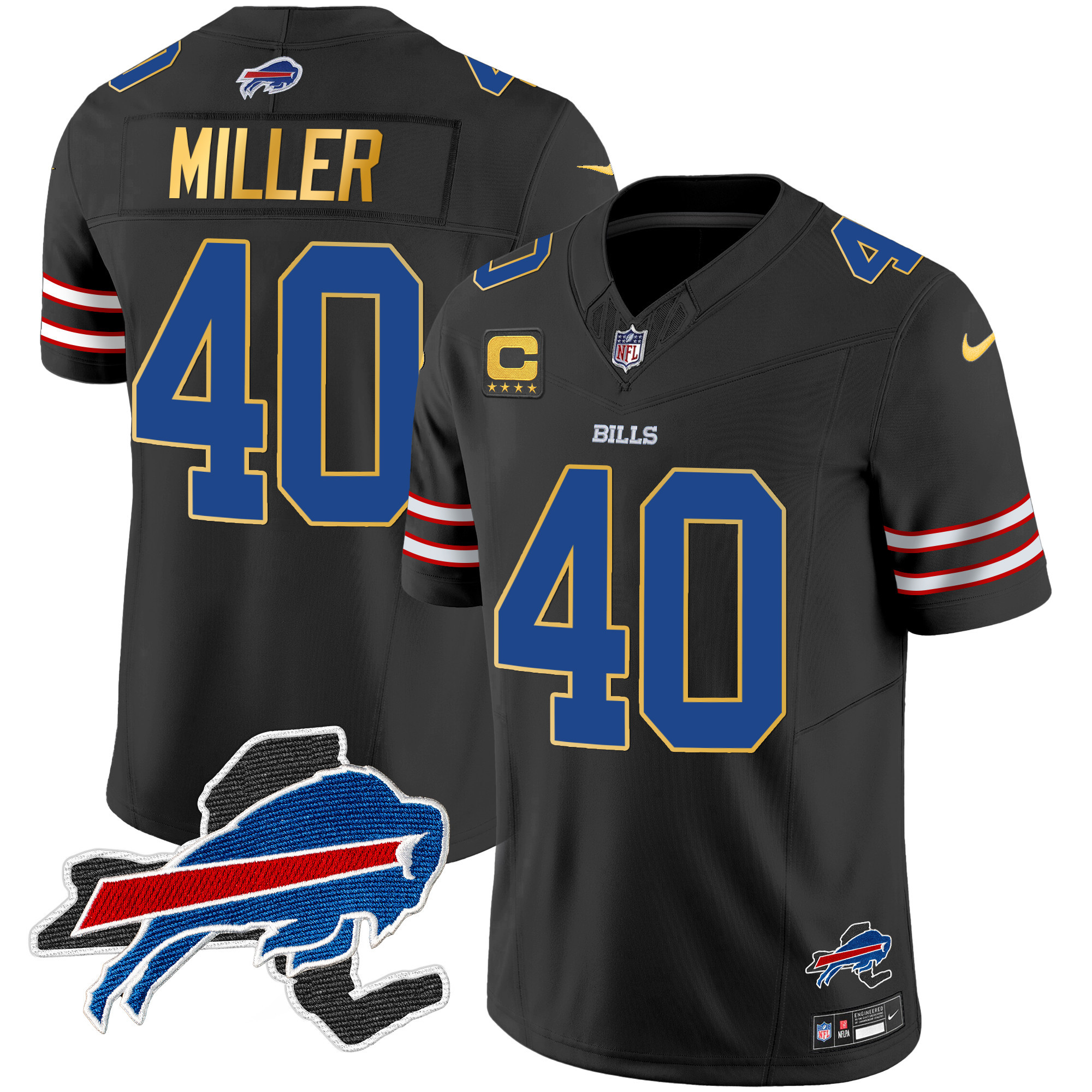 Von Miller Men's Buffalo Bills New York Patch Gold Trim Vapor Black Jersey - All Stitched 