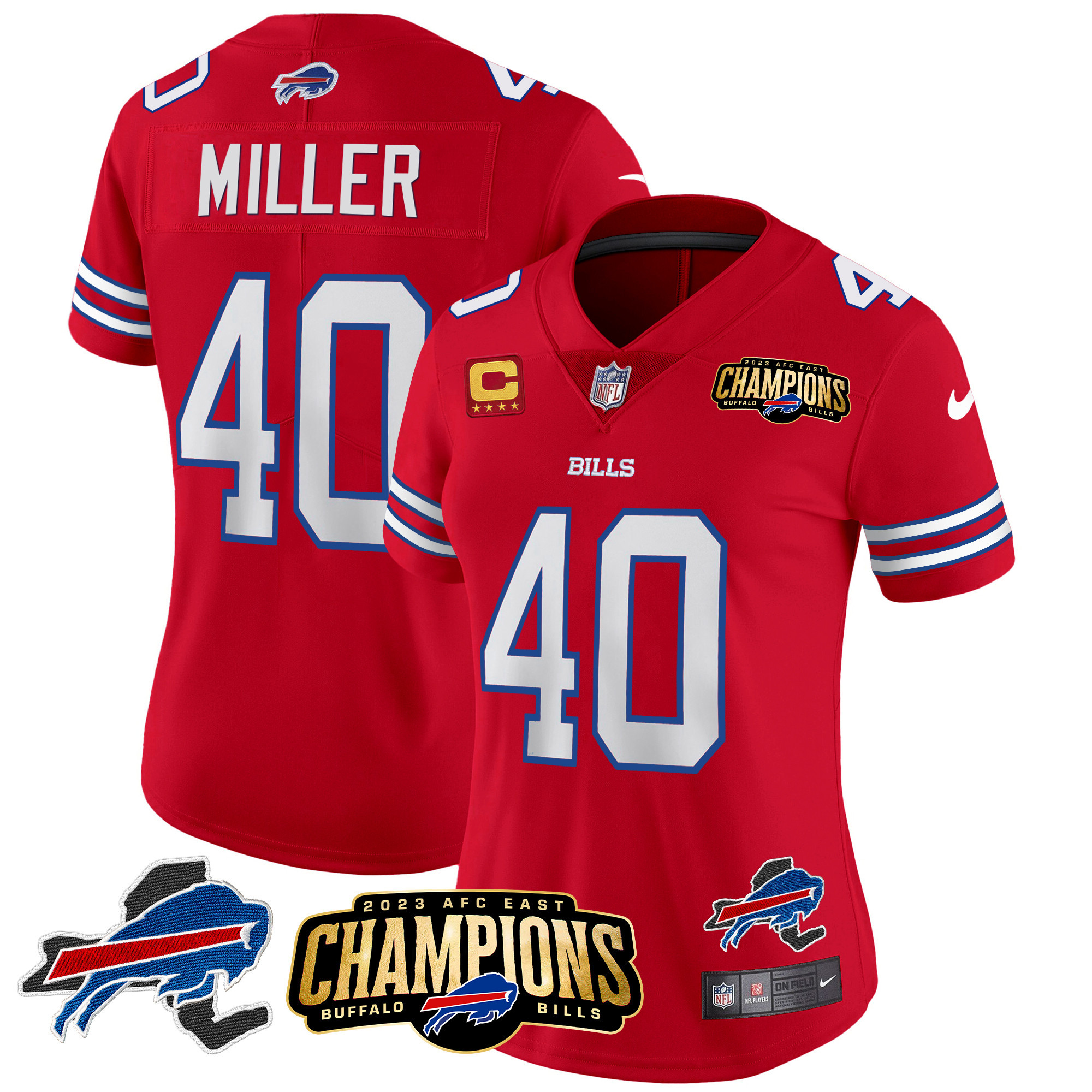 Von Miller Women's Buffalo Bills 2023 AFC East Champions Patch Gold Vapor Red Jersey - All Stitched 