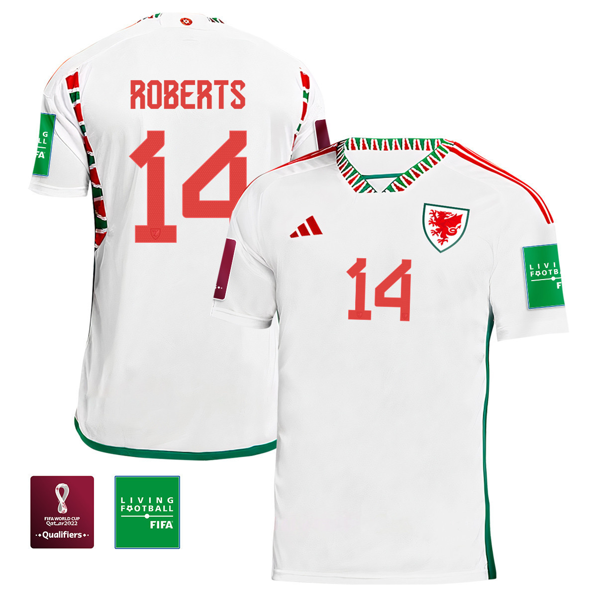 Wales National Team Connor Roberts 14 FIFA World Cup Qatar 2022 Patch Men Soccer Jersey – Away