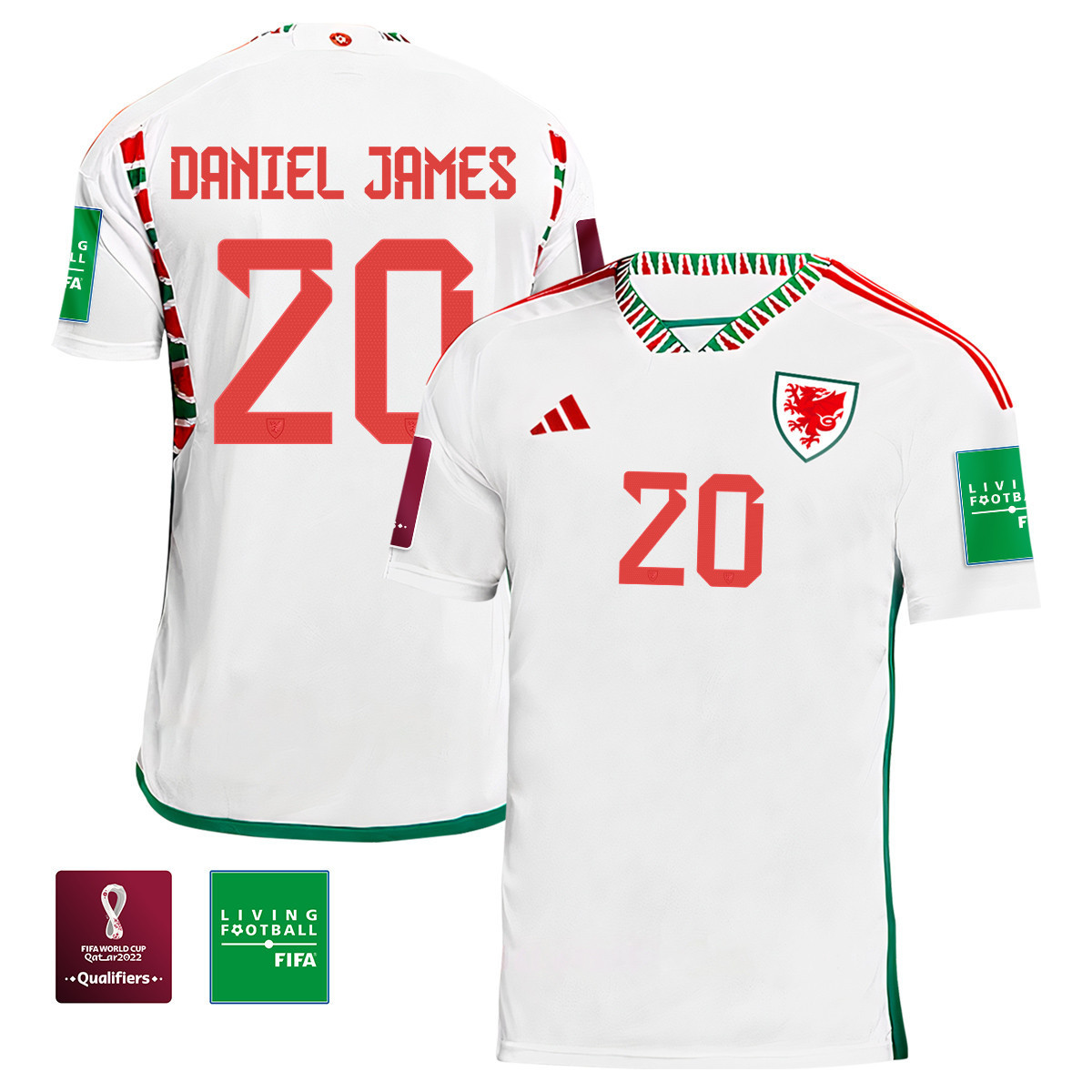 Wales National Team Daniel James 20 FIFA World Cup Qatar 2022 Patch Men Soccer Jersey – Away