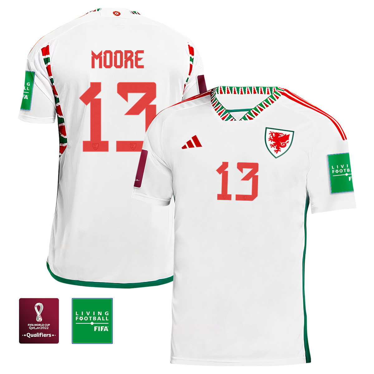 Wales National Team Kieffer Moore 13 FIFA World Cup Qatar 2022 Patch Men Soccer Jersey – Away