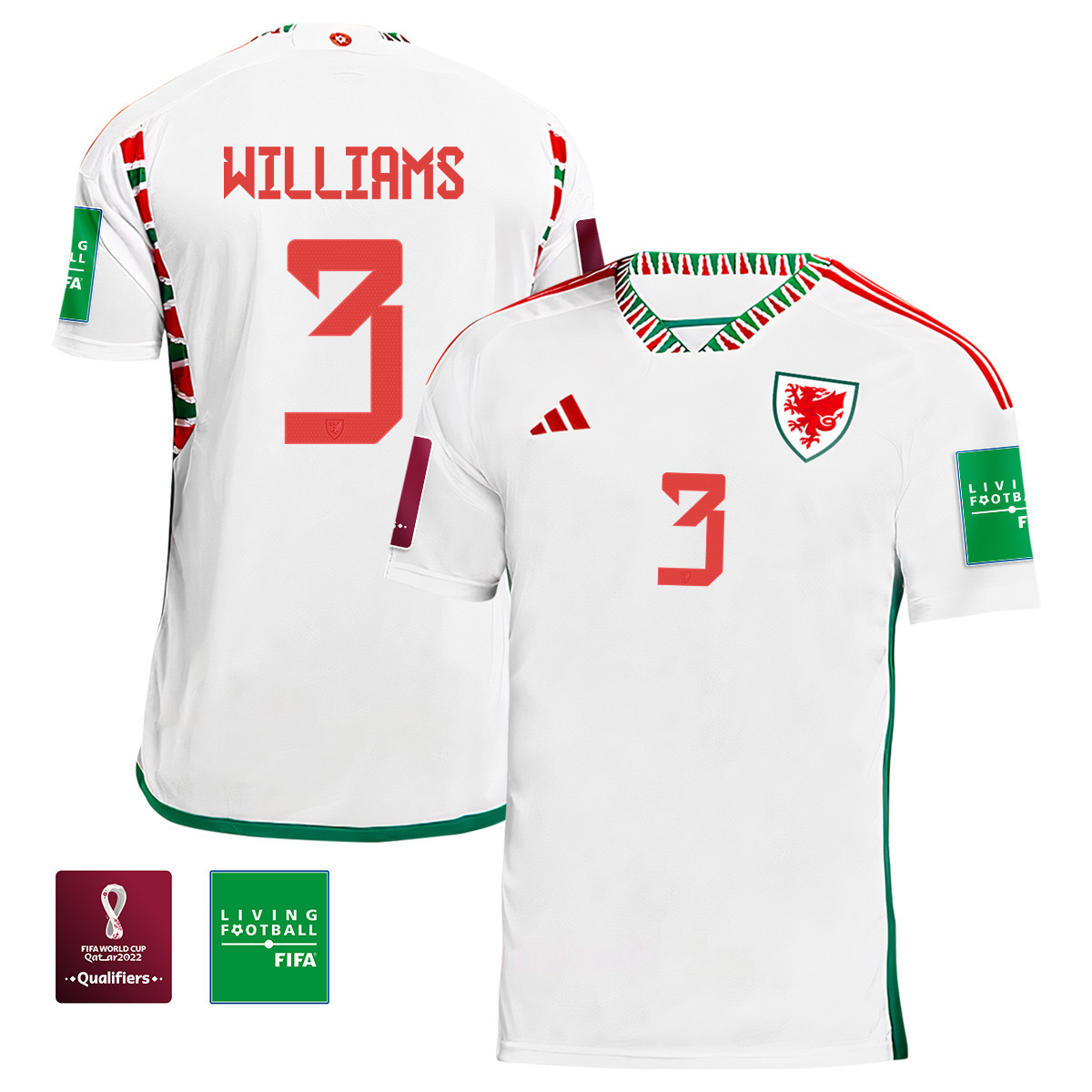 Wales National Team Neco Williams 3 FIFA World Cup Qatar 2022 Patch Men Soccer Jersey – Away