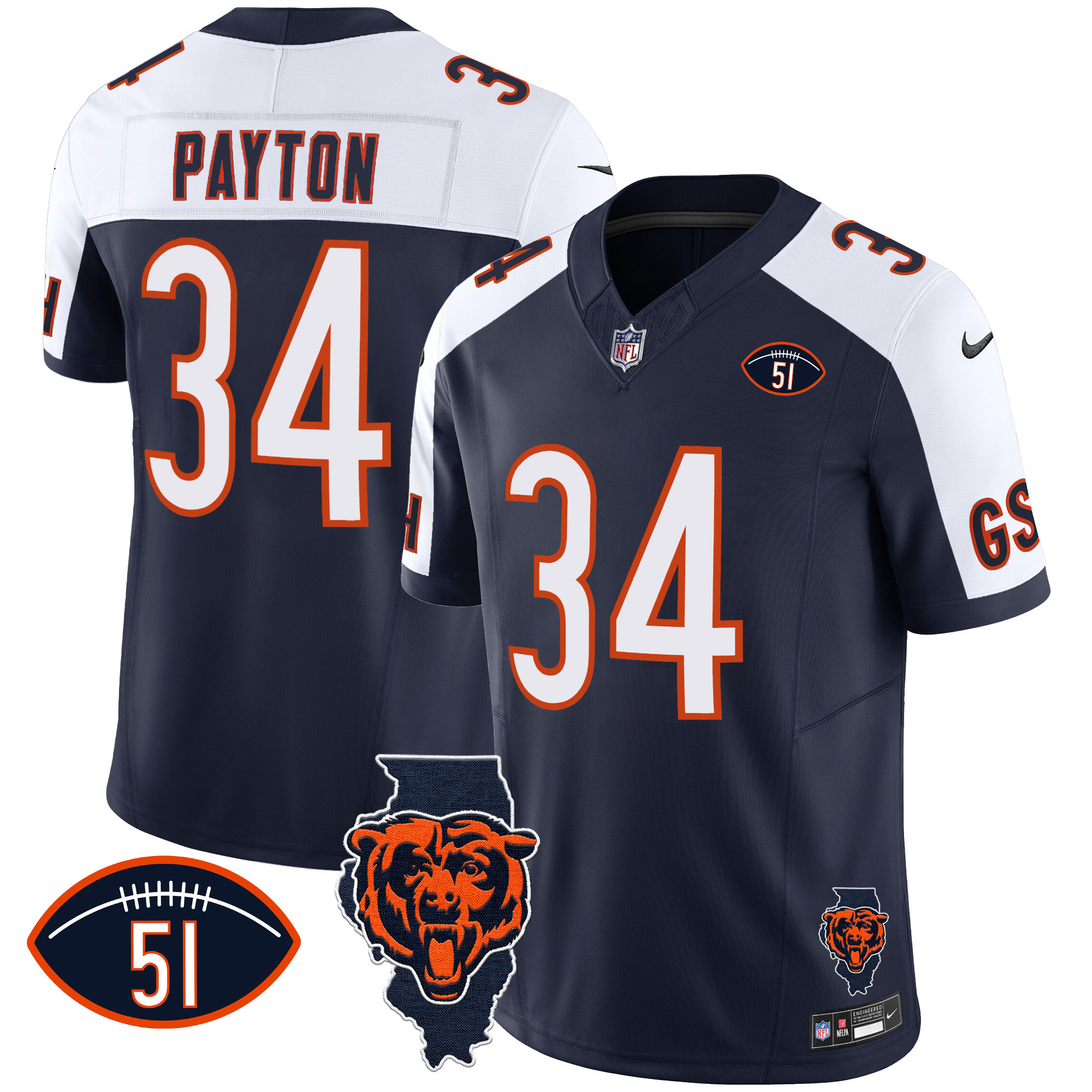 Walter Payton Men's Chicago Bears Illinois Patch Vapor Alternate Jersey - All Stitched 