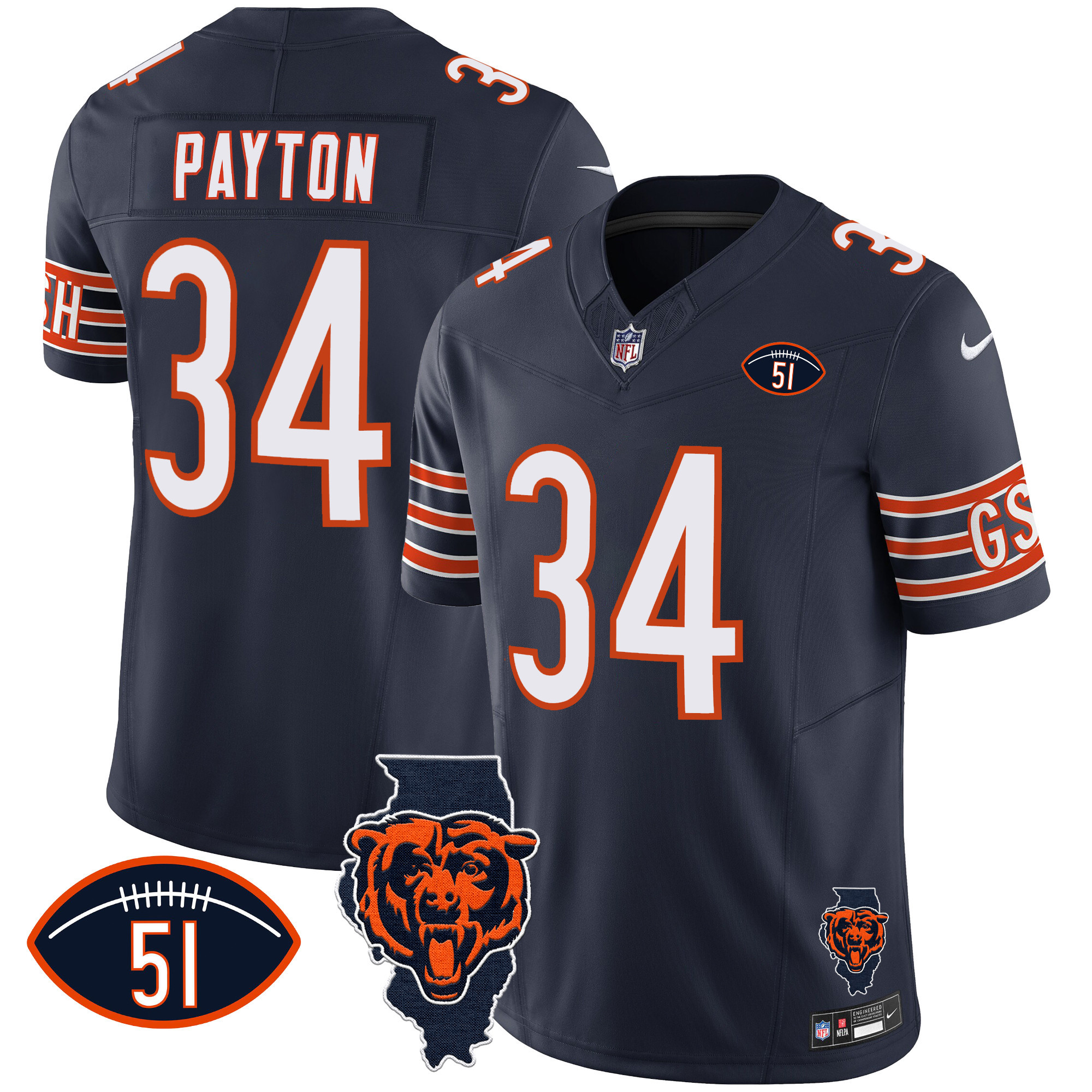 Walter Payton Men's Chicago Bears Illinois Patch Vapor Navy Jersey - All Stitched 