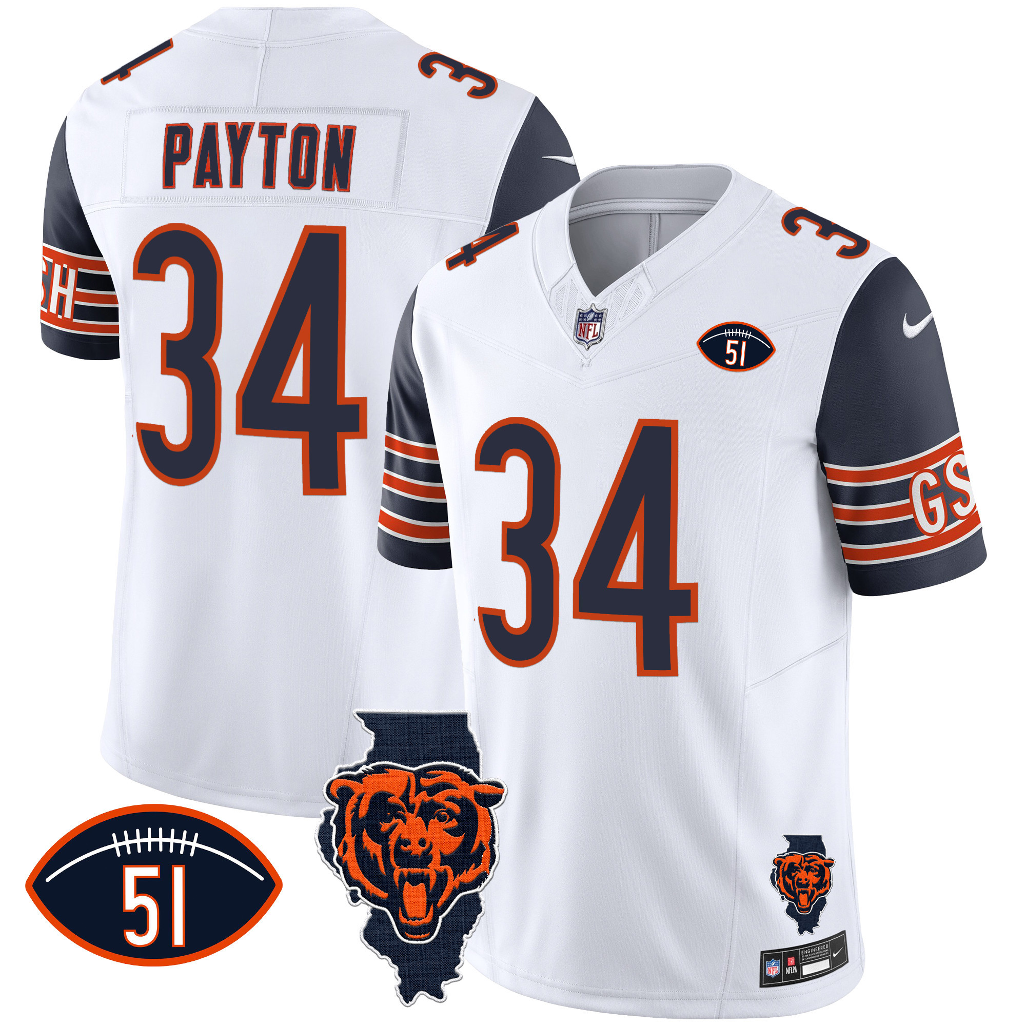 Walter Payton Men's Chicago Bears Illinois Patch Vapor Navy Sleeves Jersey - All Stitched 