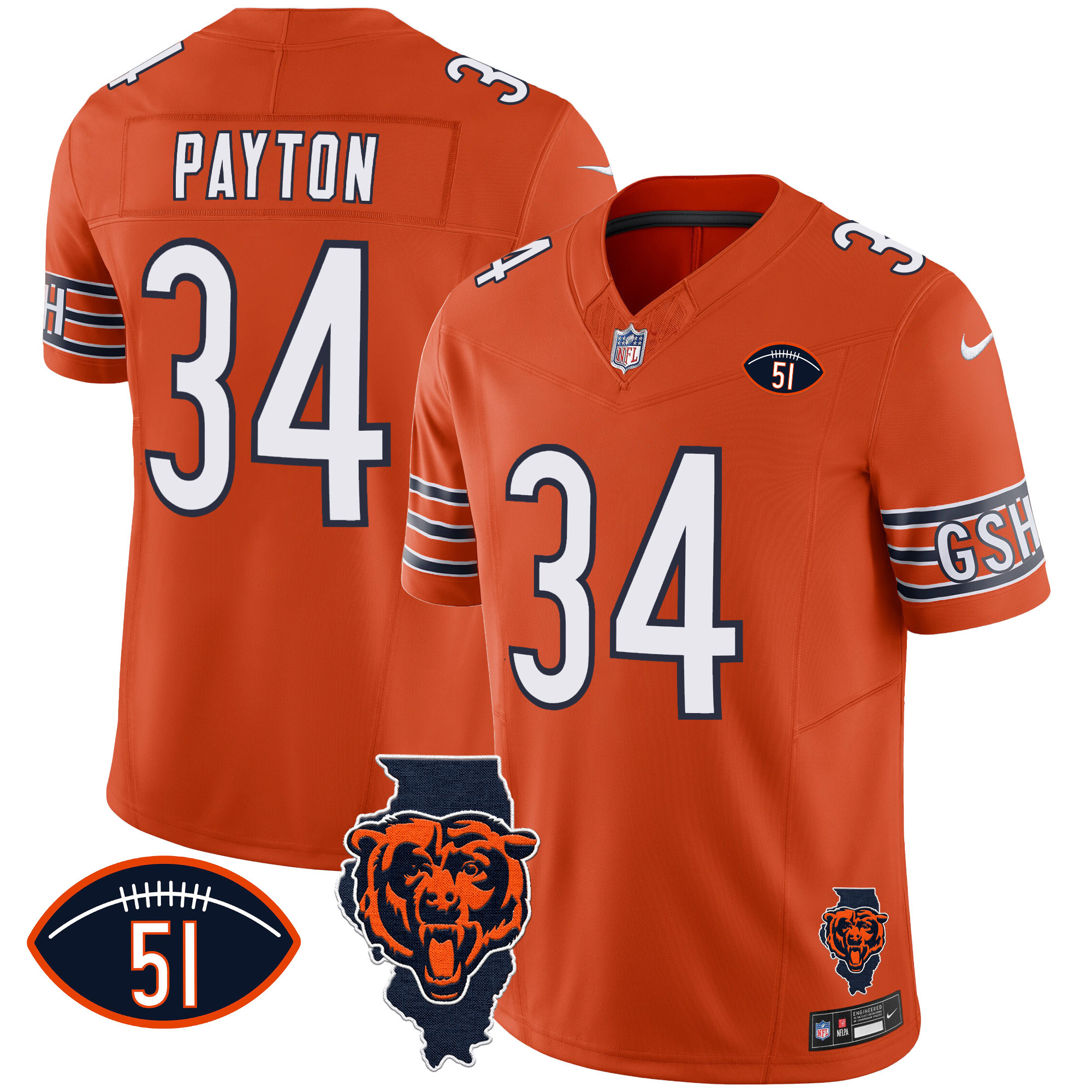 Walter Payton Men's Chicago Bears Illinois Patch Vapor Orange Jersey - All Stitched 