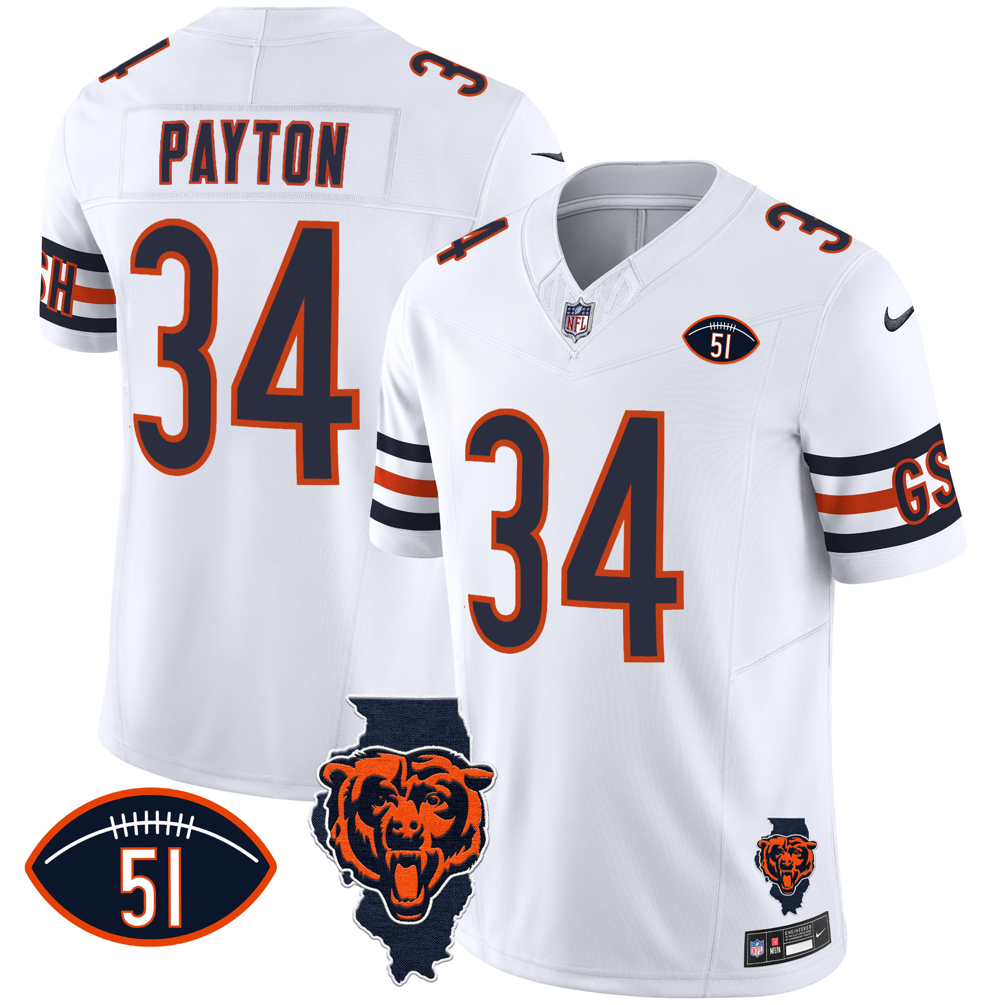 Walter Payton Men's Chicago Bears Illinois Patch Vapor White Jersey - All Stitched 