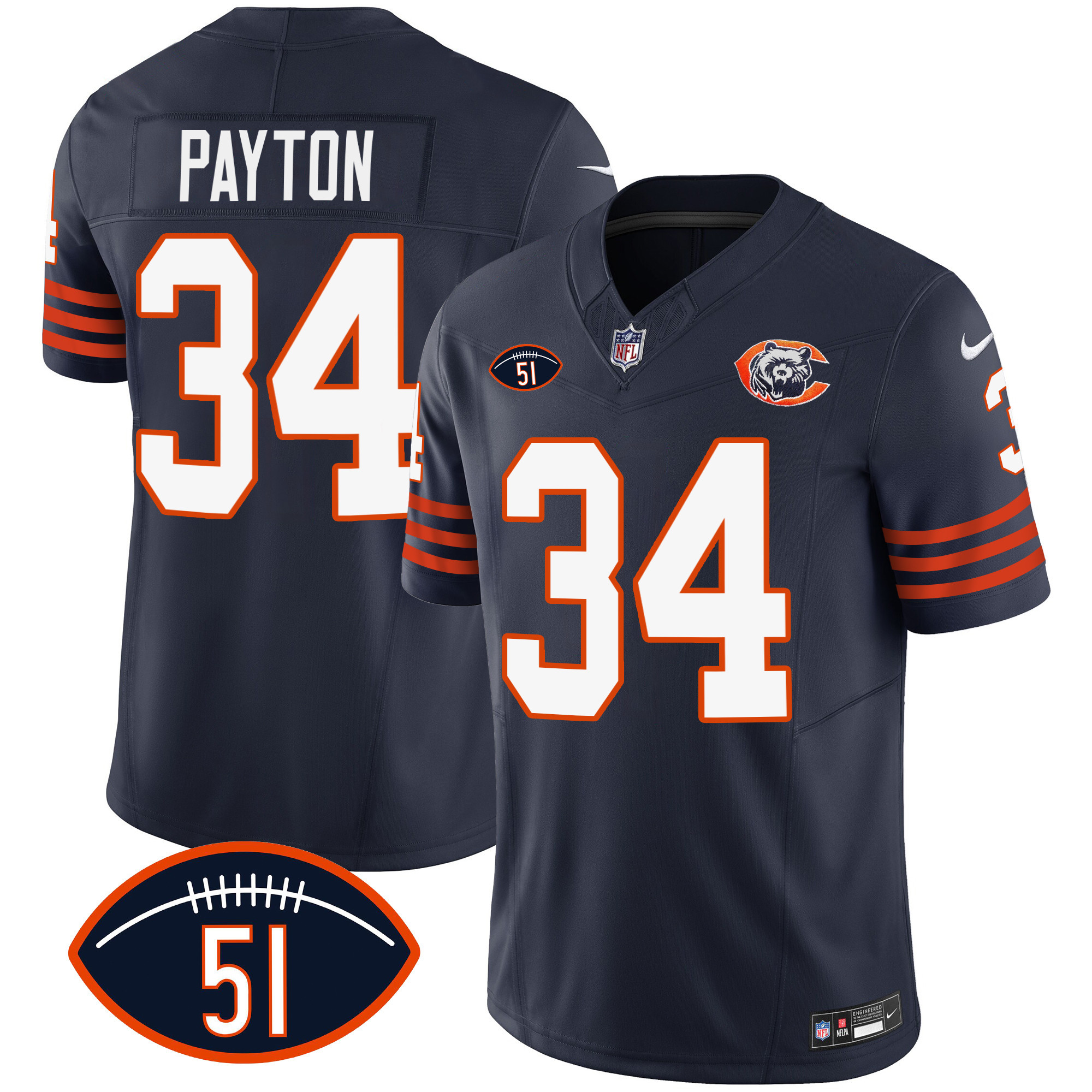 Walter Payton Men's Chicago Bears Throwback Dick Butkus Patch Navy Jersey - All Stitched 