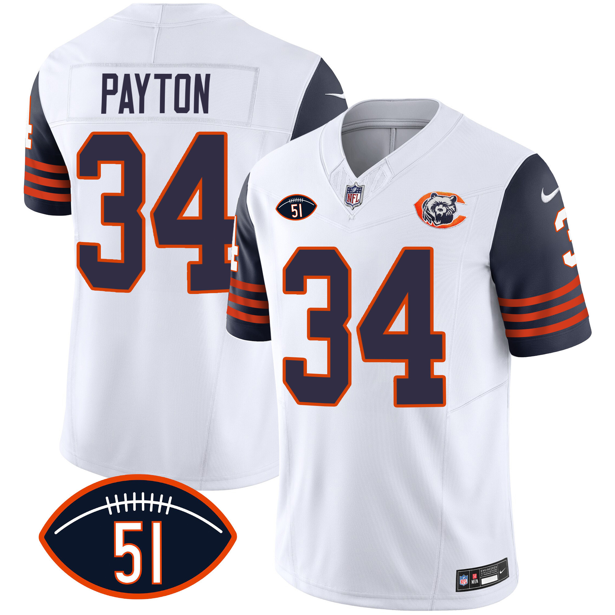 Walter Payton Men's Chicago Bears Throwback Dick Butkus Patch Navy Sleeves Jersey - All Stitched 