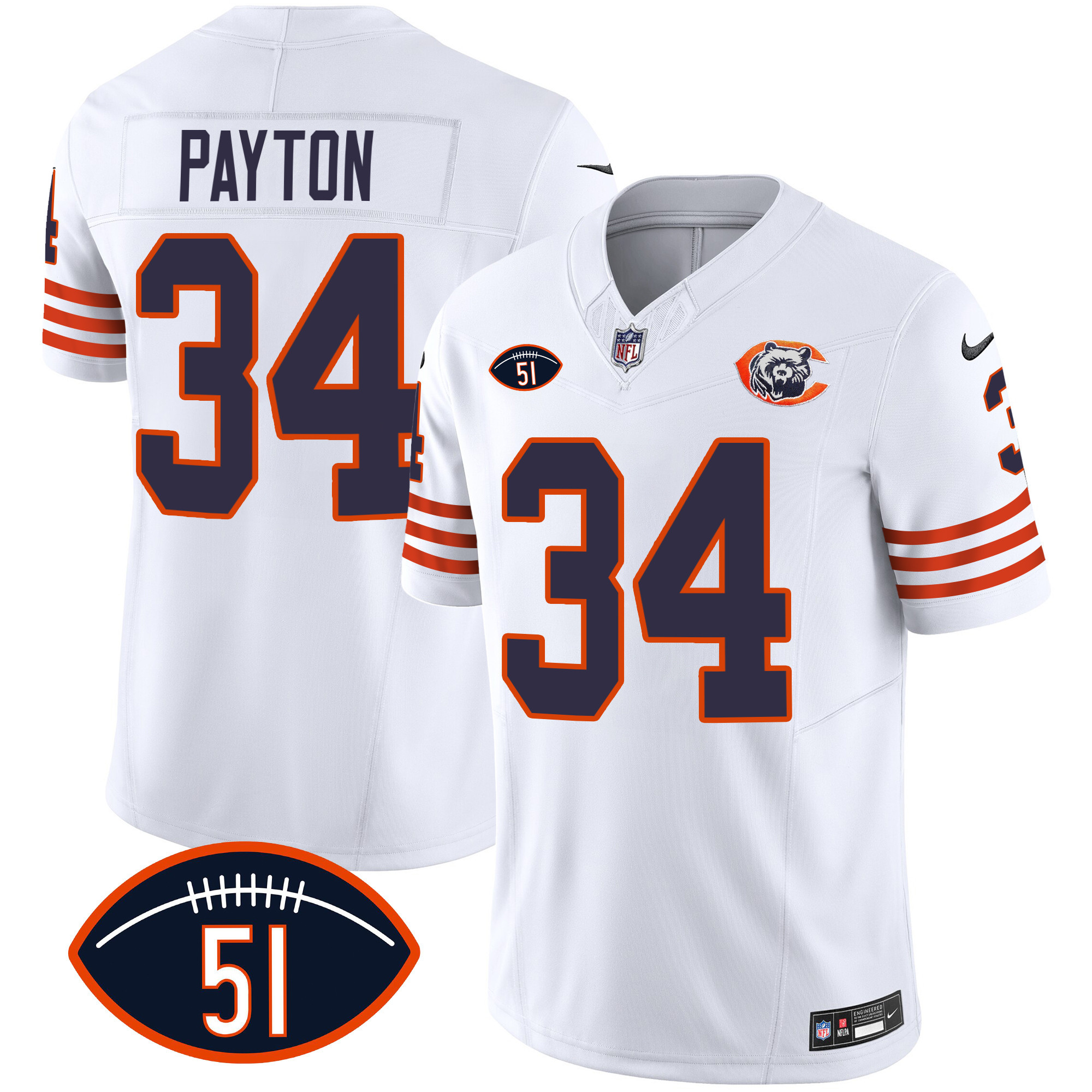 Walter Payton Men's Chicago Bears Throwback Dick Butkus Patch White Jersey - All Stitched 