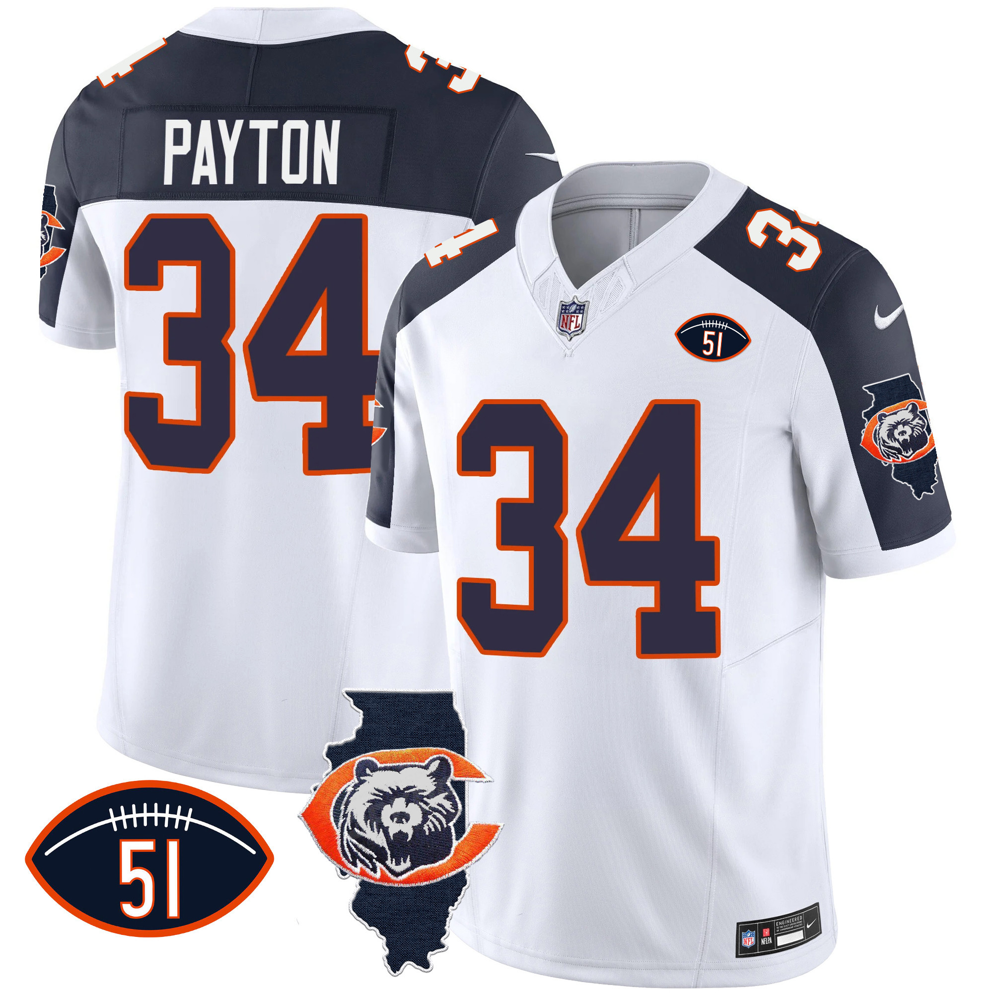 Walter Payton Men's Chicago Bears Throwback Illinois Patch Vapor Inverted Jersey - All Stitched 