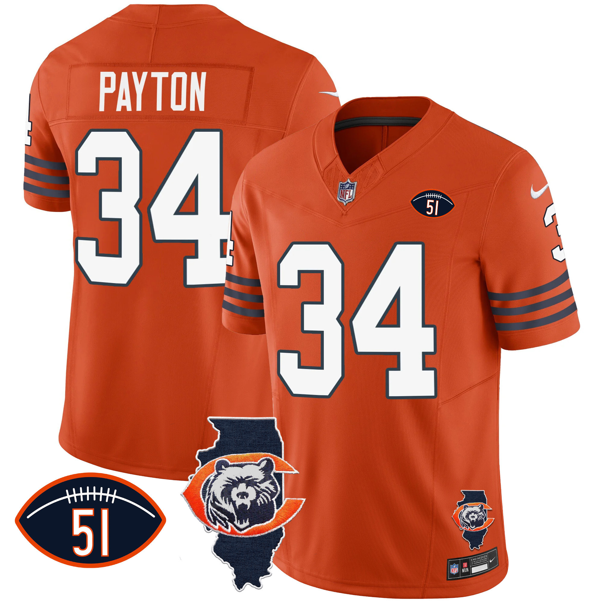 Walter Payton Men's Chicago Bears Throwback Illinois Patch Vapor Orange Jersey - All Stitched 