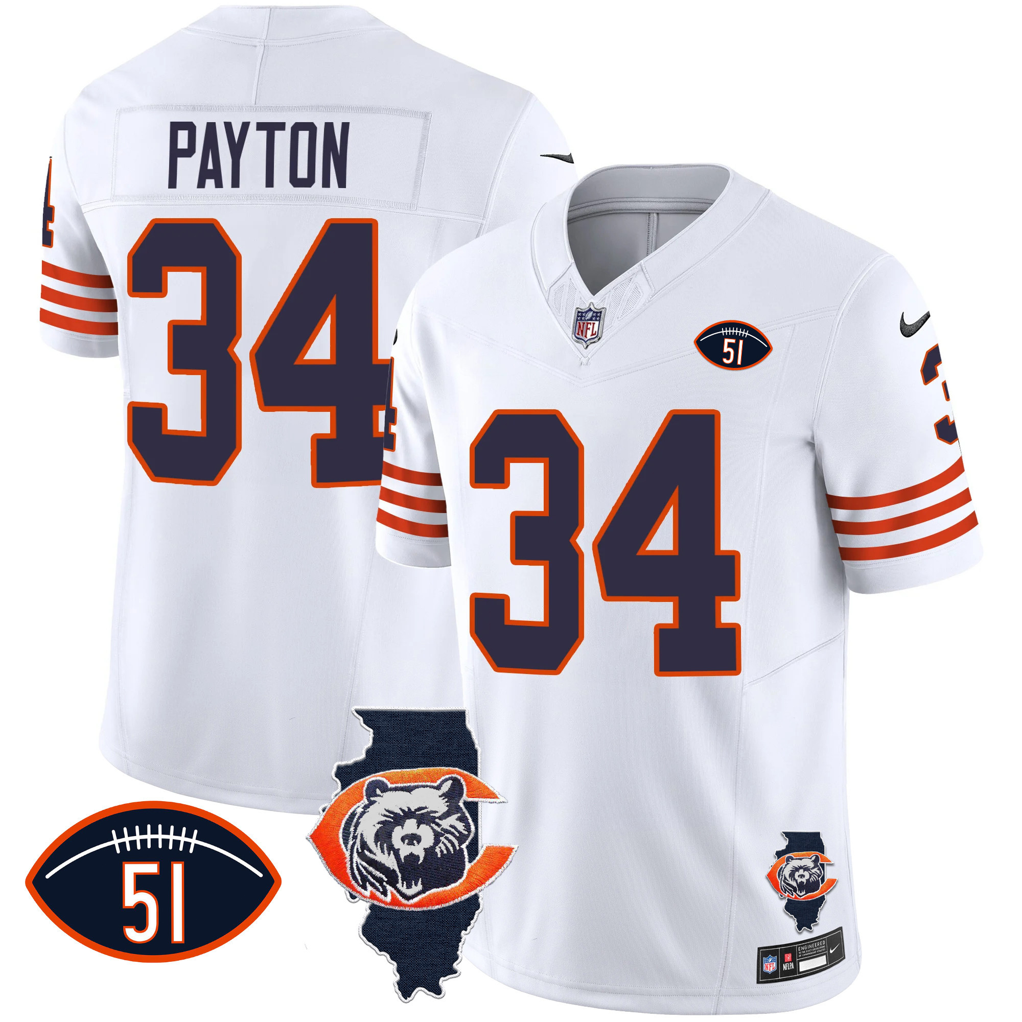 Walter Payton Men's Chicago Bears Throwback Illinois Patch Vapor White Jersey - All Stitched 