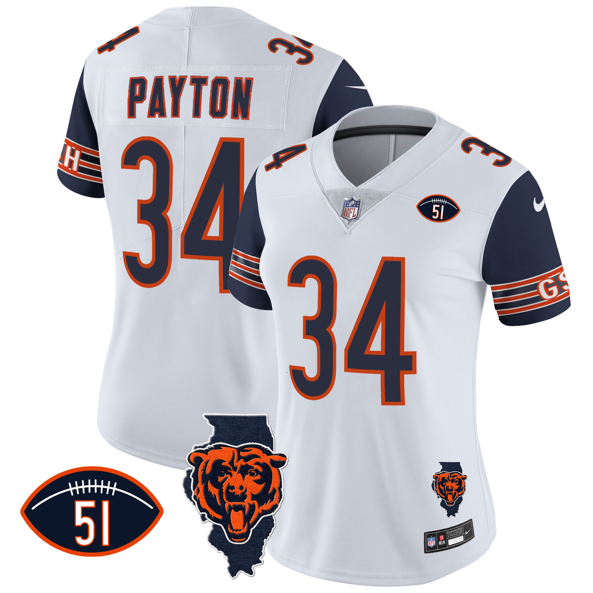 Walter Payton Women's Chicago Bears Illinois Patch Vapor Navy Sleeves Jersey - All Stitched 
