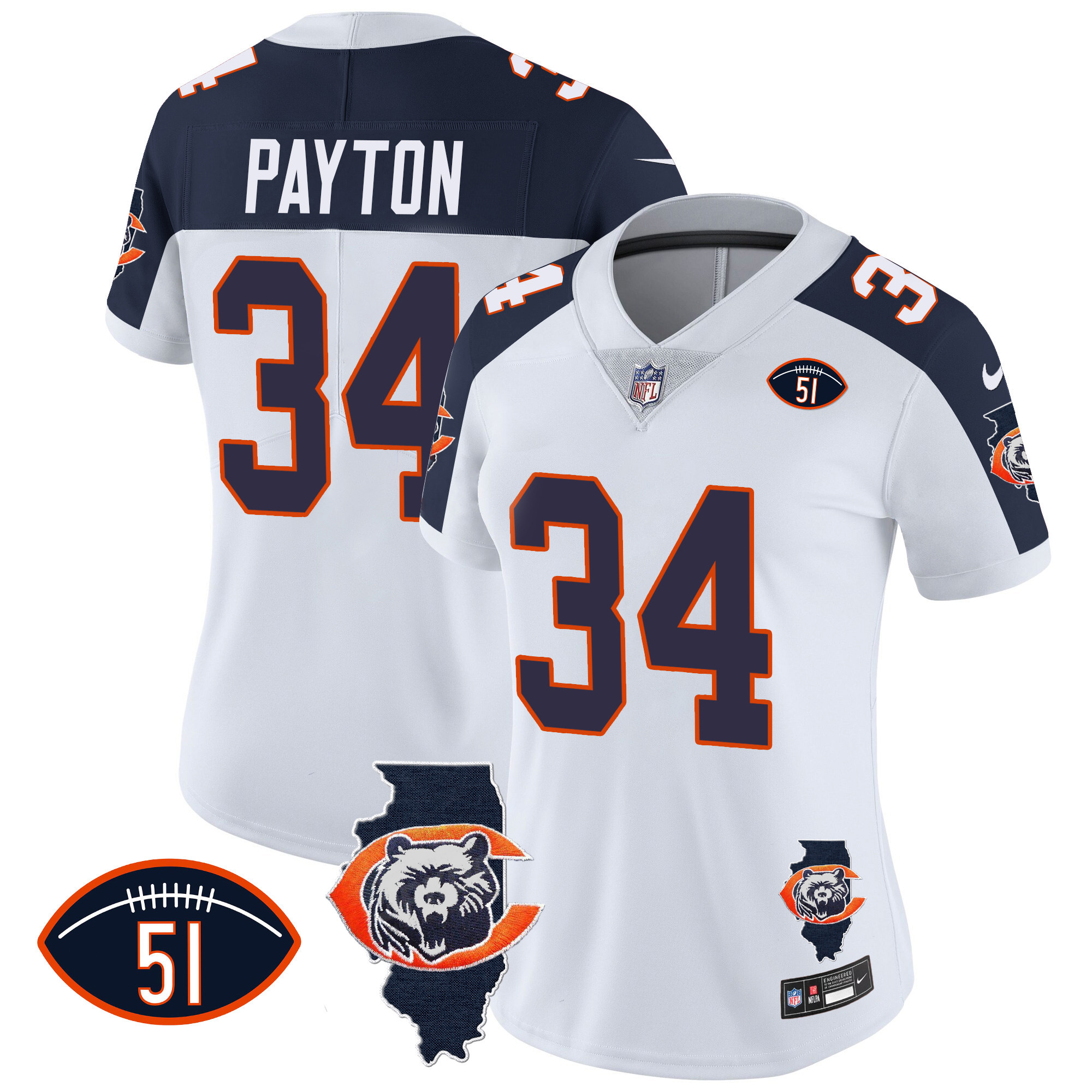 Walter Payton Women's Chicago Bears Throwback Illinois Patch Vapor Inverted Jersey - All Stitched 