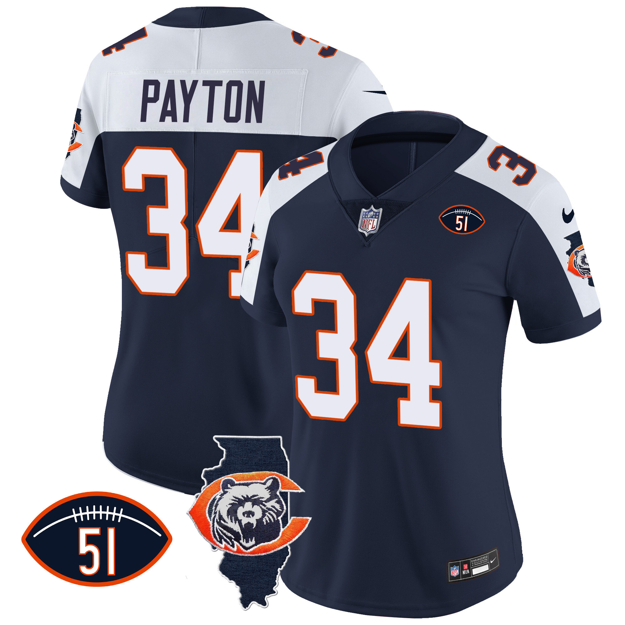 Walter Payton Women's Chicago Bears Throwback Illinois Patch Vapor Navy Alternate Jersey - All Stitched 