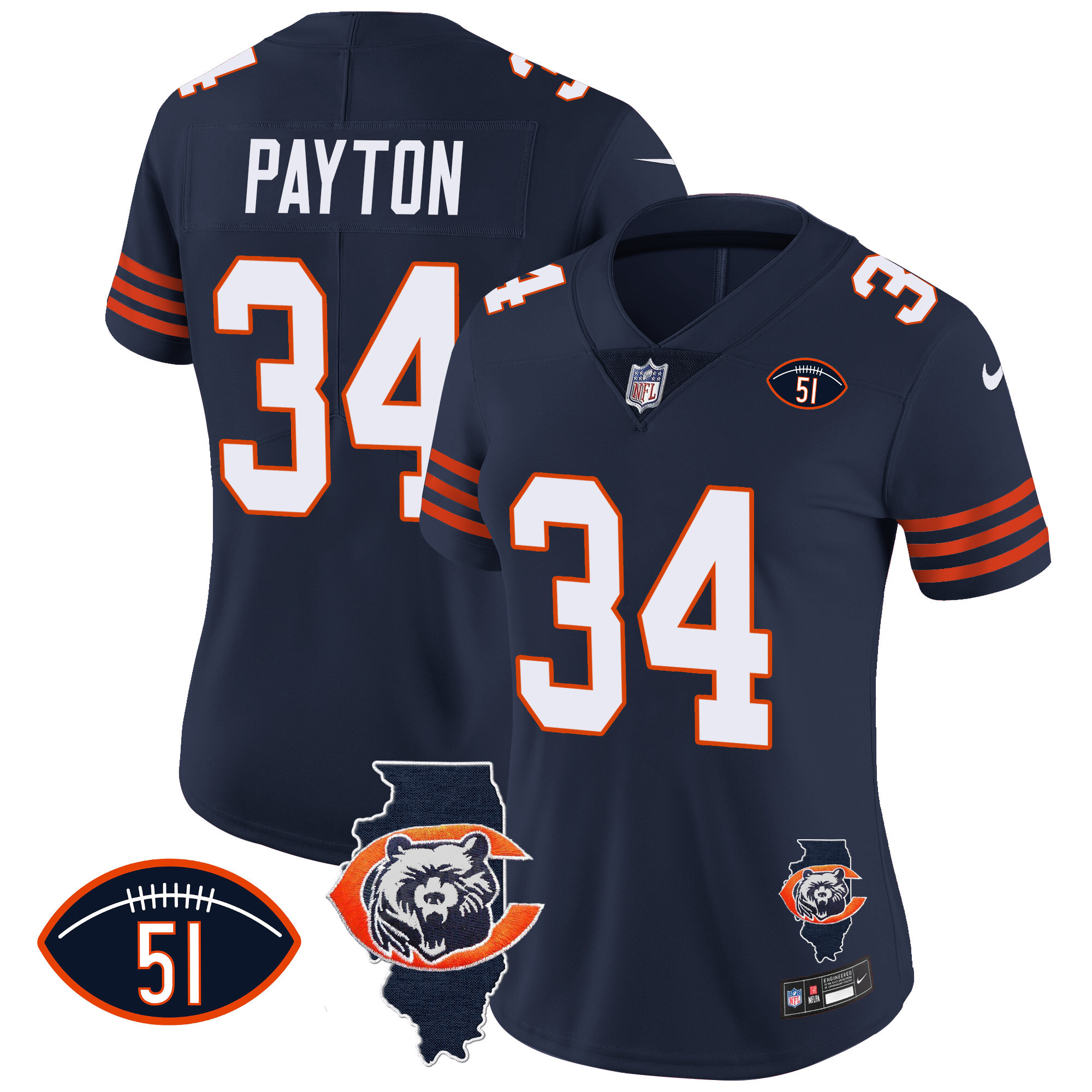 Walter Payton Women's Chicago Bears Throwback Illinois Patch Vapor Navy Jersey - All Stitched 