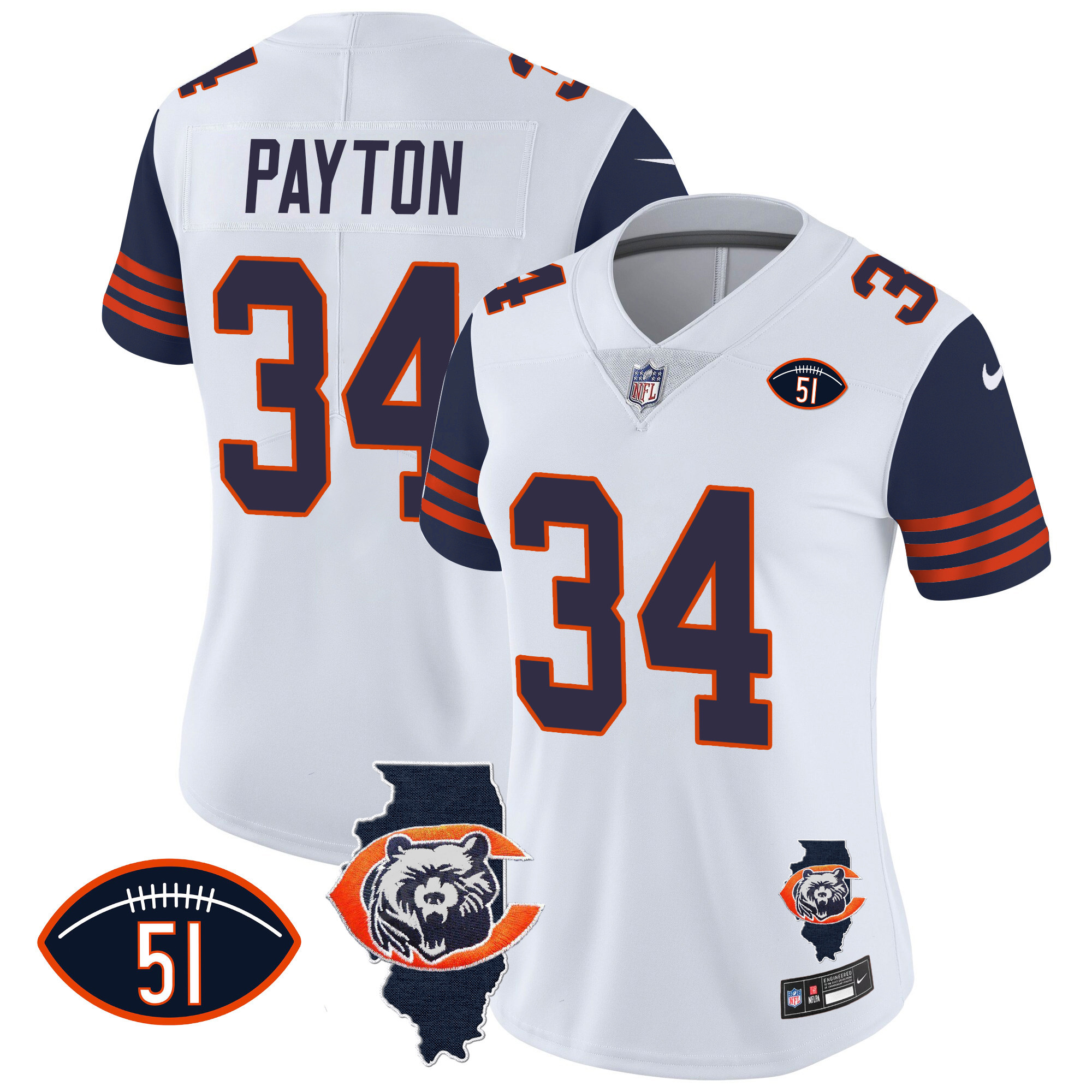 Walter Payton Women's Chicago Bears Throwback Illinois Patch Vapor Navy Sleeves Jersey - All Stitched 