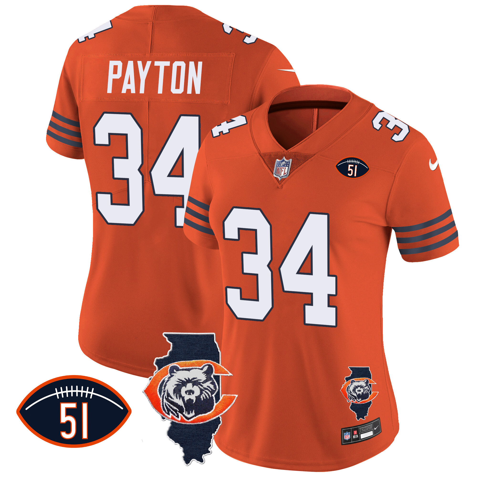 Walter Payton Women's Chicago Bears Throwback Illinois Patch Vapor Orange Jersey - All Stitched 