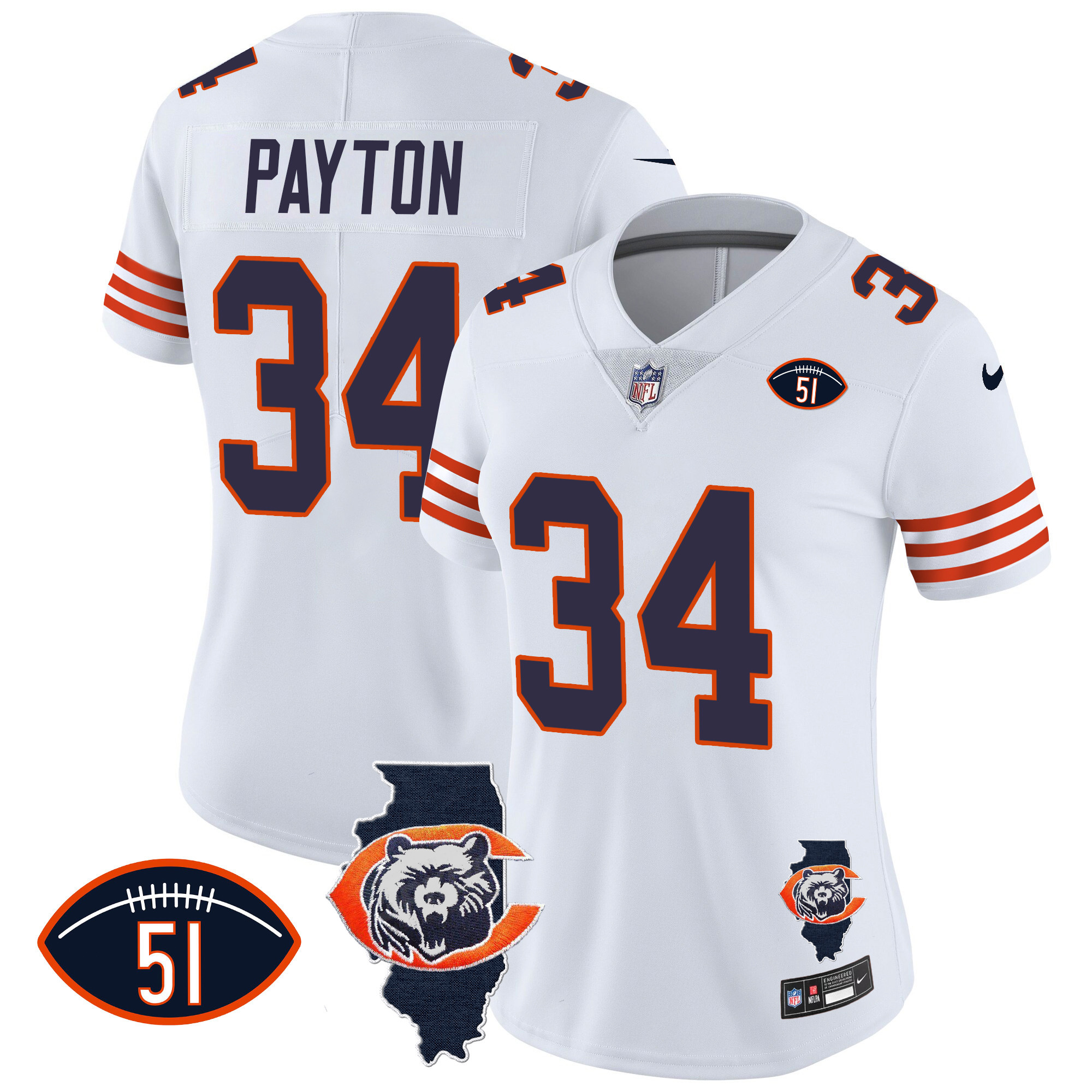 Walter Payton Women's Chicago Bears Throwback Illinois Patch Vapor White Jersey - All Stitched 