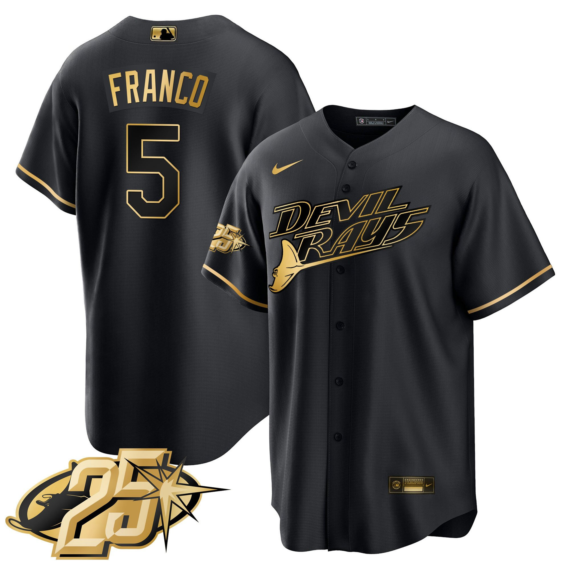 Wander Franco Men's Tampa Bay Rays 25th Anniversary Patch Cool Base Black Gold Jersey - All Stitched