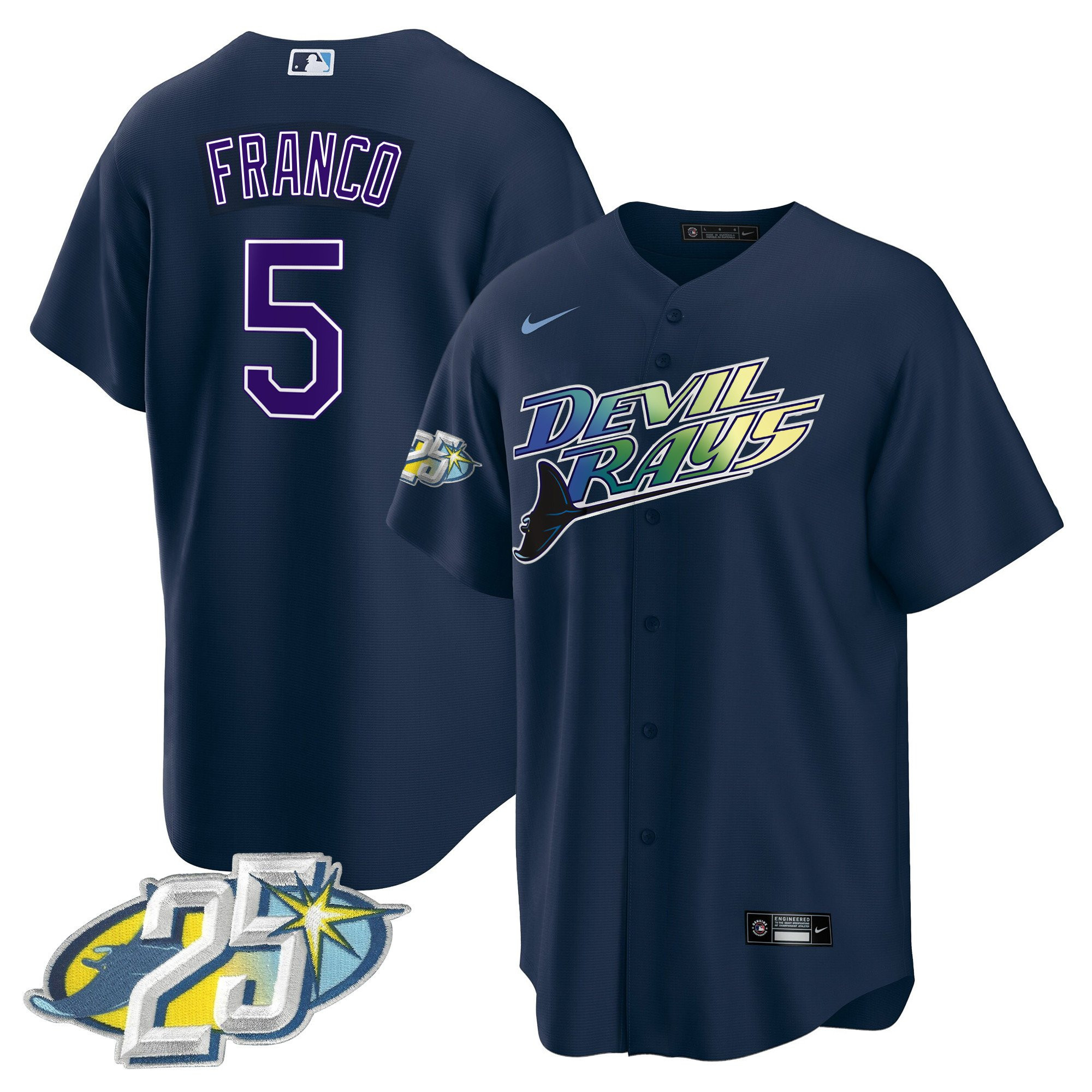 Wander Franco Men's Tampa Bay Rays 25th Anniversary Patch Cool Base Navy Jersey - All Stitched