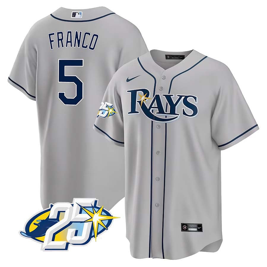Wander Franco Men's Tampa Bay Rays 25th Anniversary Patch Cool Base V2 Gray Jersey - All Stitched