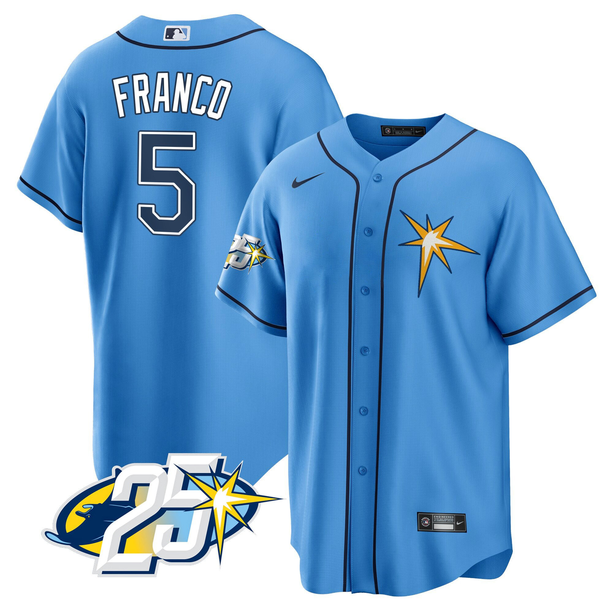 Wander Franco Men's Tampa Bay Rays 25th Anniversary Patch Cool Base V2 Light Blue Jersey - All Stitched
