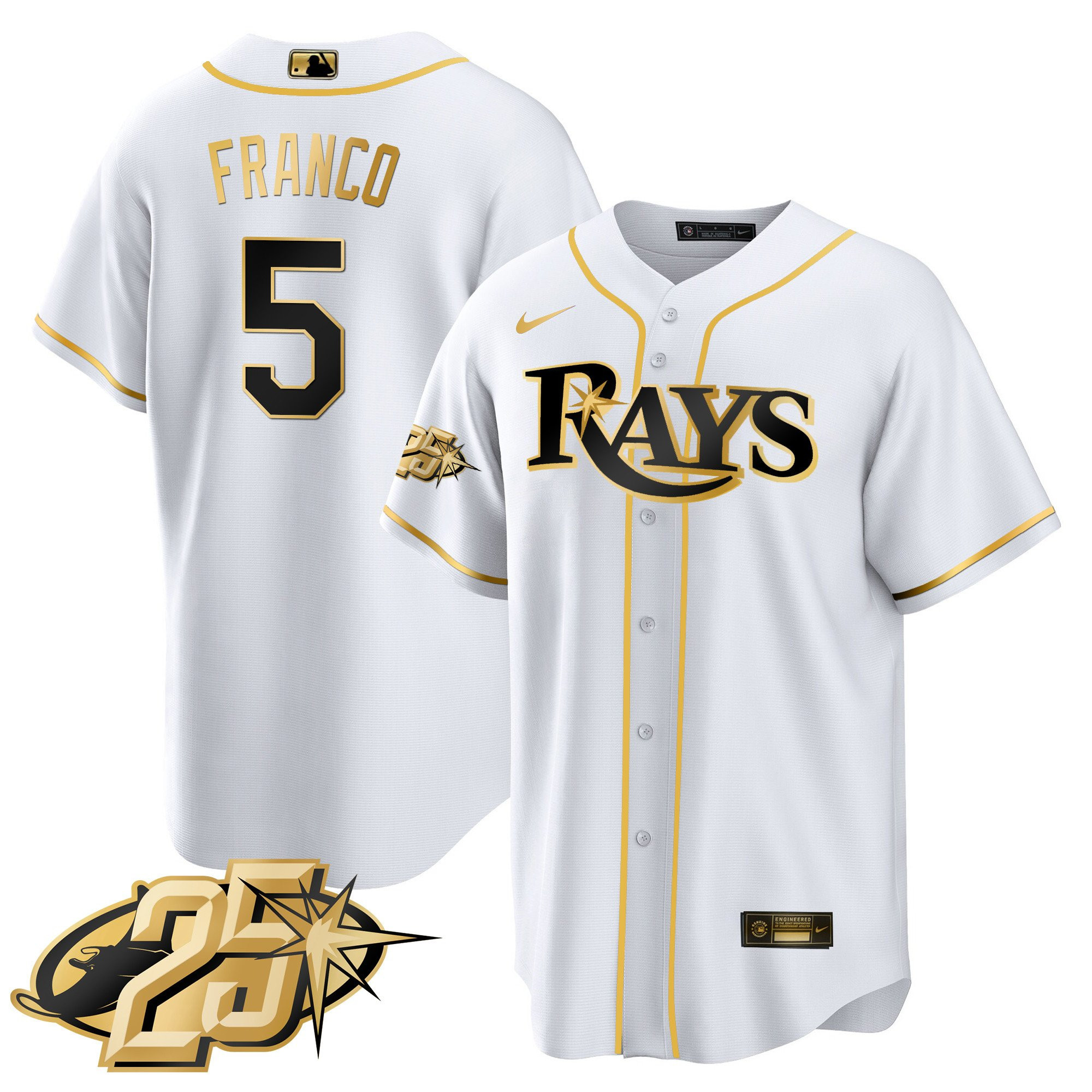 Wander Franco Men's Tampa Bay Rays 25th Anniversary Patch Cool Base V2 White Gold Jersey - All Stitched