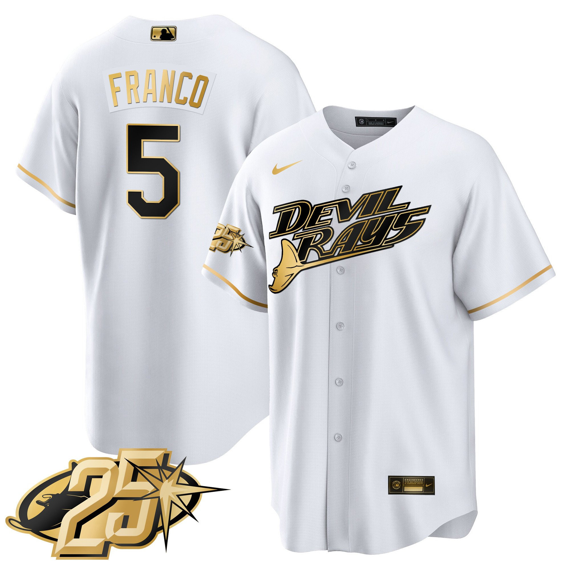Wander Franco Men's Tampa Bay Rays 25th Anniversary Patch Cool Base White Gold Jersey - All Stitched
