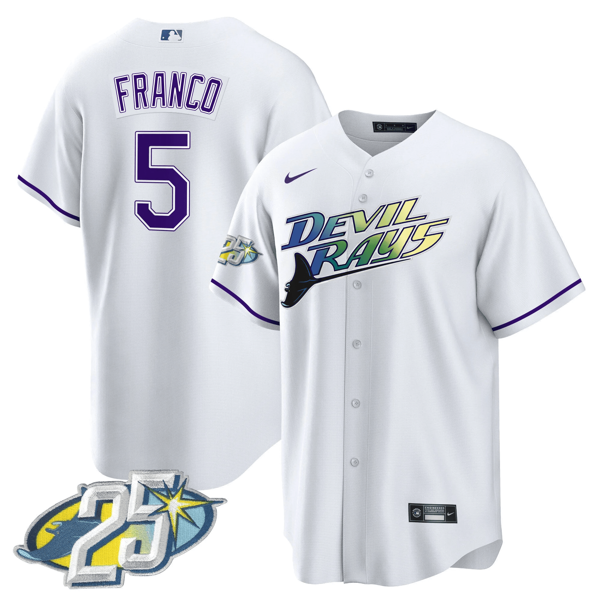 Wander Franco Men's Tampa Bay Rays 25th Anniversary Patch Cool Base White Jersey - All Stitched
