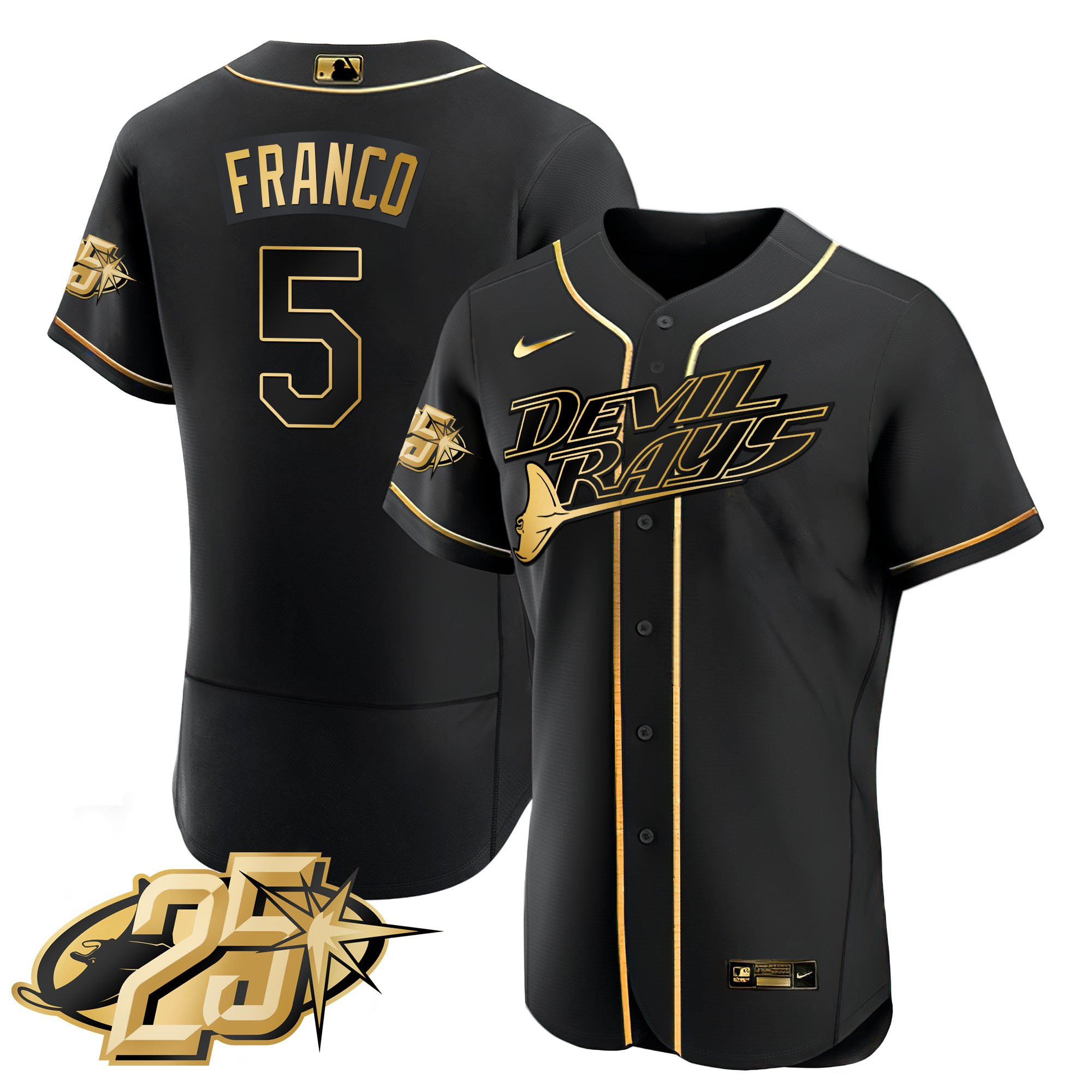 Wander Franco Men's Tampa Bay Rays 25th Anniversary Patch Flex Base Black Gold Jersey - All Stitched
