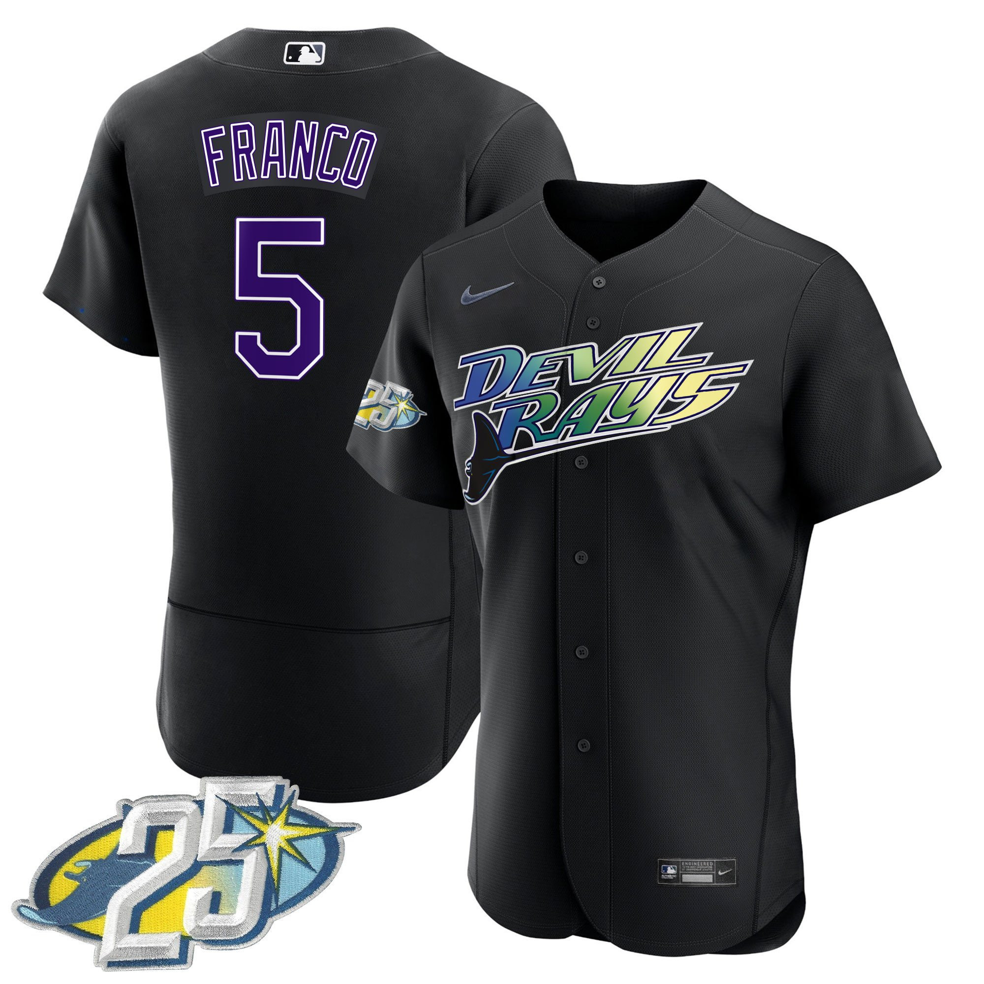 Wander Franco Men's Tampa Bay Rays 25th Anniversary Patch Flex Base Black Jersey - All Stitched