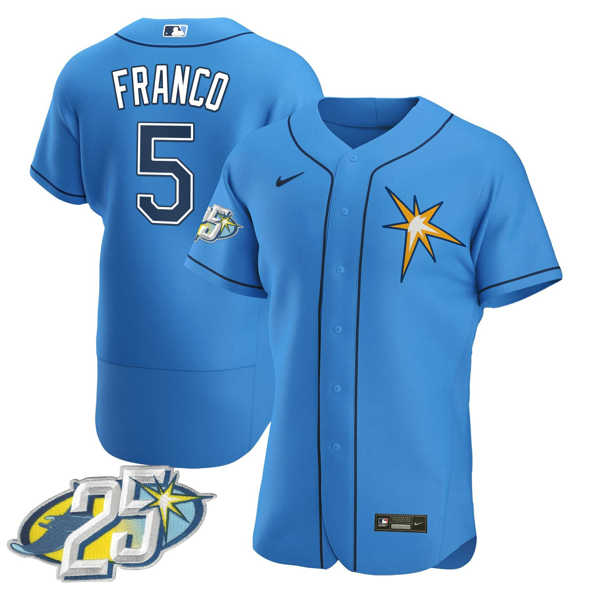 Wander Franco Men's Tampa Bay Rays 25th Anniversary Patch Flex Base Light Blue Jersey - All Stitched