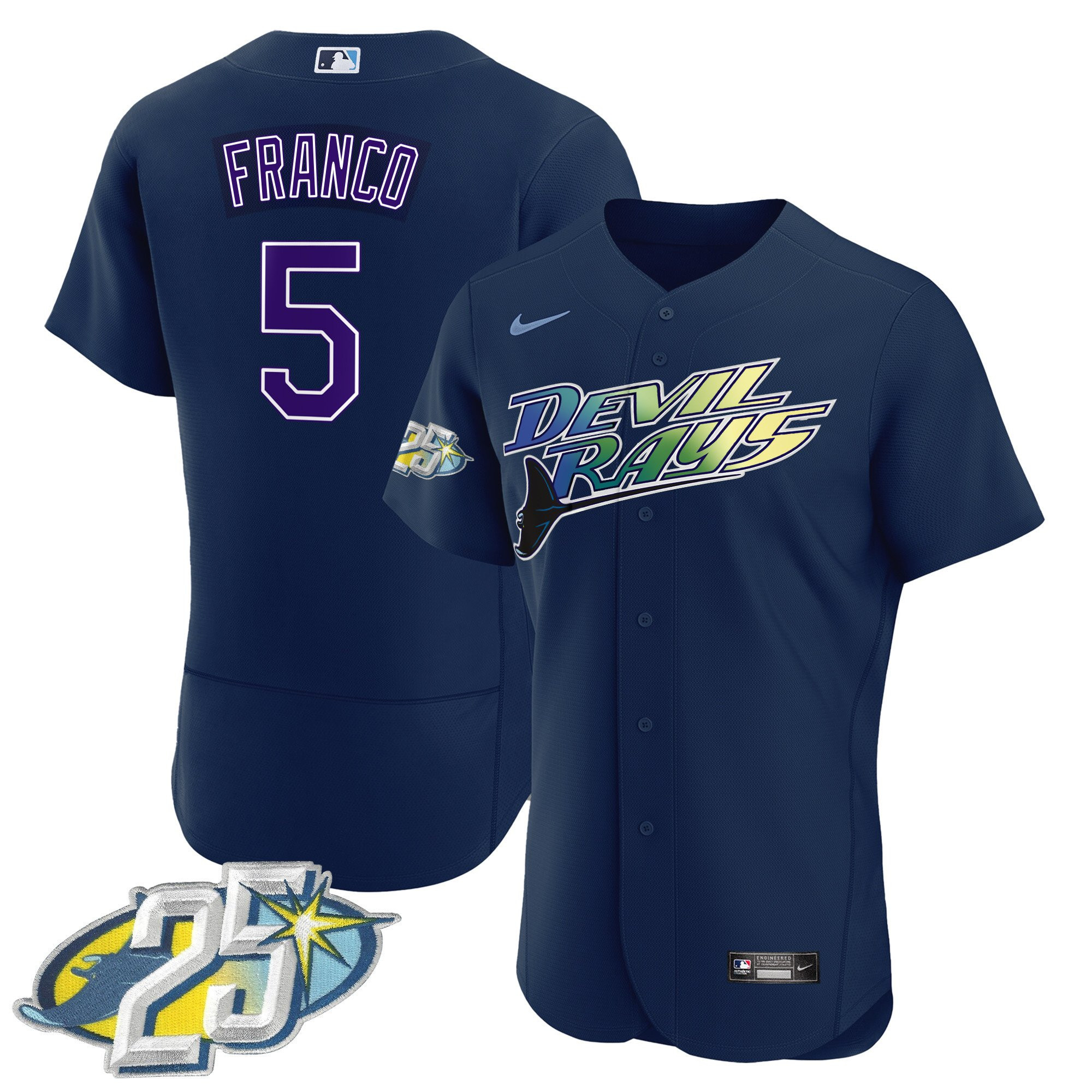 Wander Franco Men's Tampa Bay Rays 25th Anniversary Patch Flex Base Navy Jersey - All Stitched