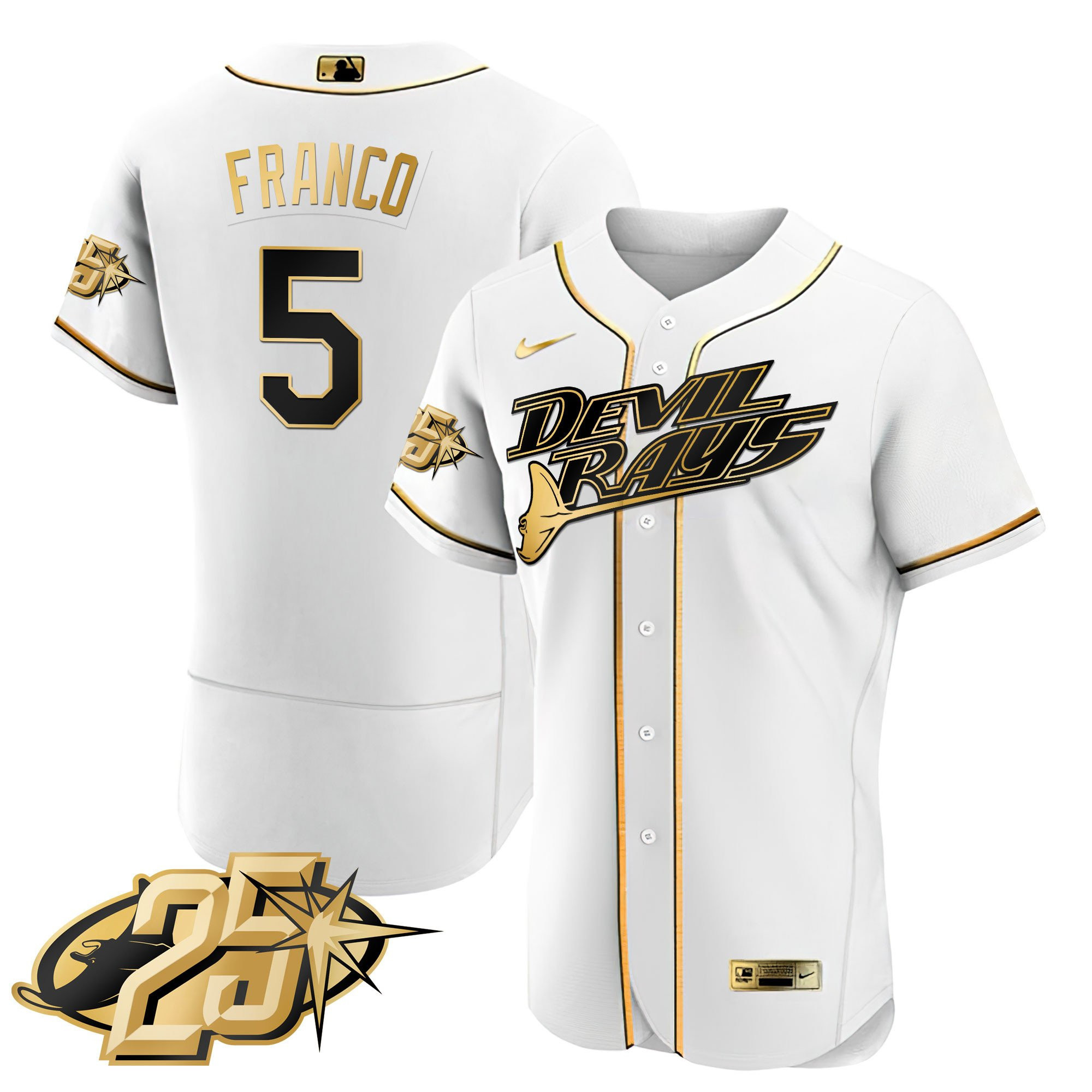 Wander Franco Men's Tampa Bay Rays 25th Anniversary Patch Flex Base White Gold Jersey - All Stitched
