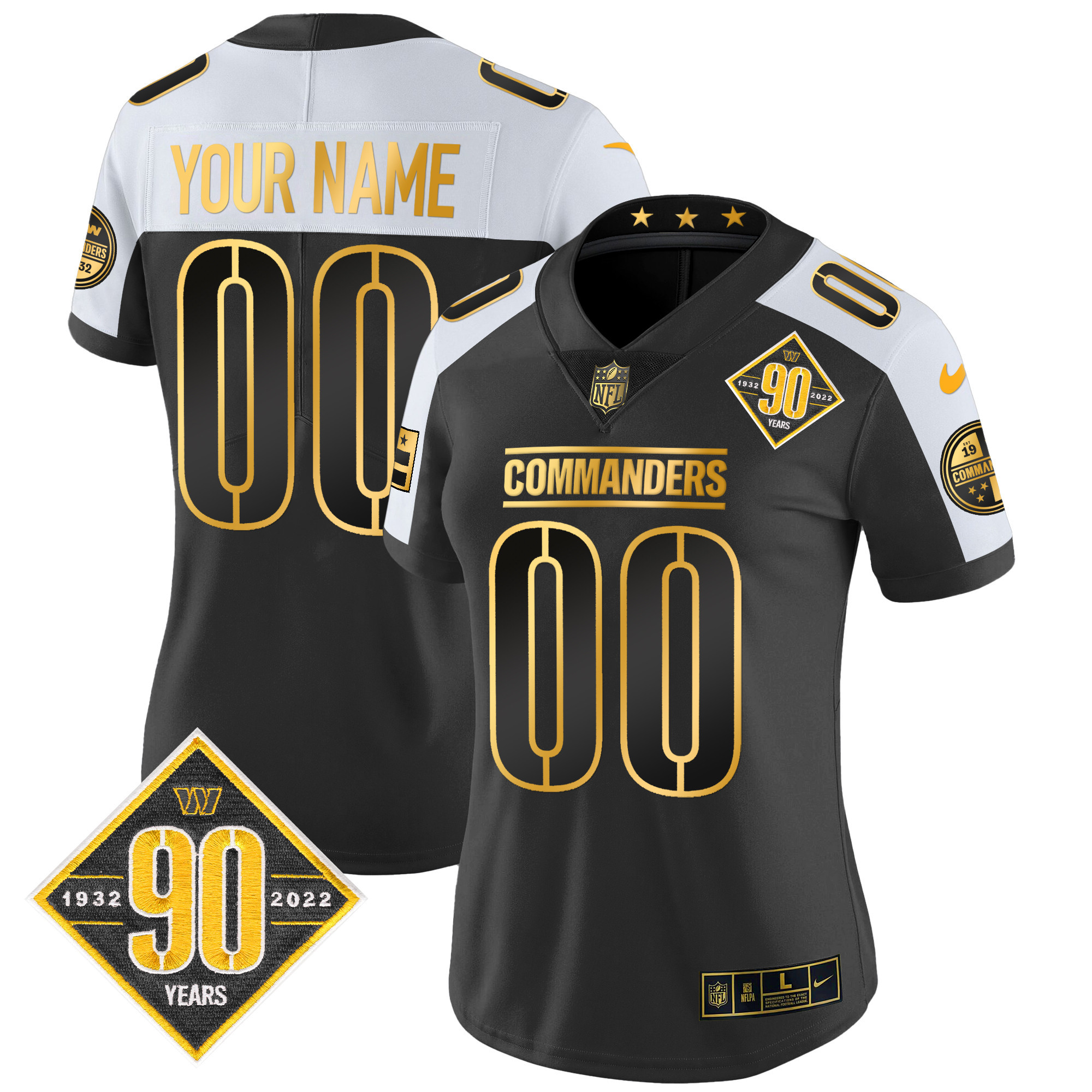 Washington Commanders 90th Anniversary Patch Gold Vapor Custom Alternate Jersey - All Stitched 