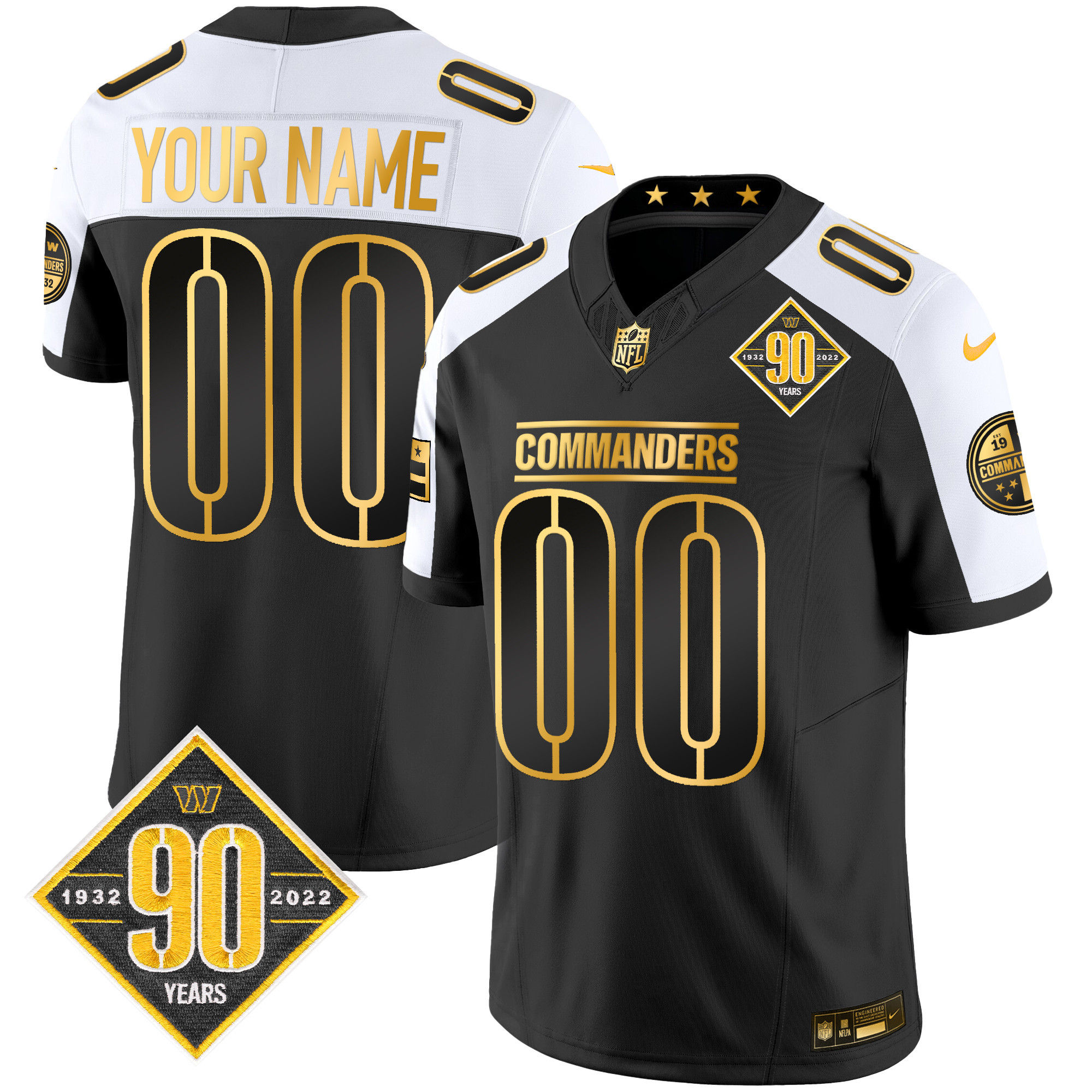 Washington Commanders 90th Anniversary Patch Gold Vapor Custom Alternate Jersey - All Stitched 