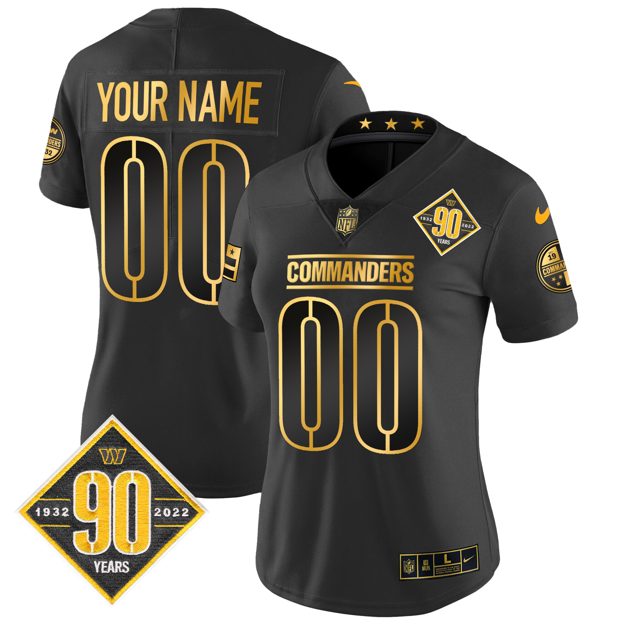 Washington Commanders 90th Anniversary Patch Gold Vapor Custom Black Gold Jersey - All Stitched 
