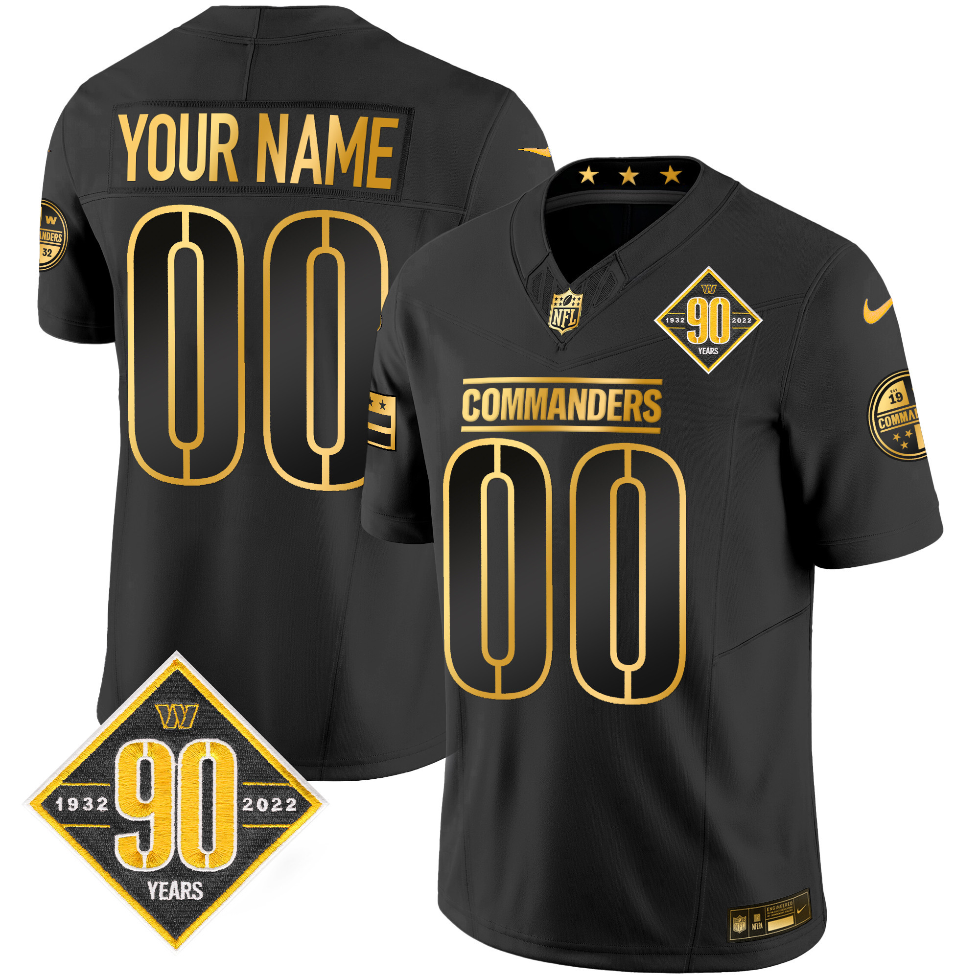 Washington Commanders 90th Anniversary Patch Gold Vapor Custom Black Gold Jersey - All Stitched 