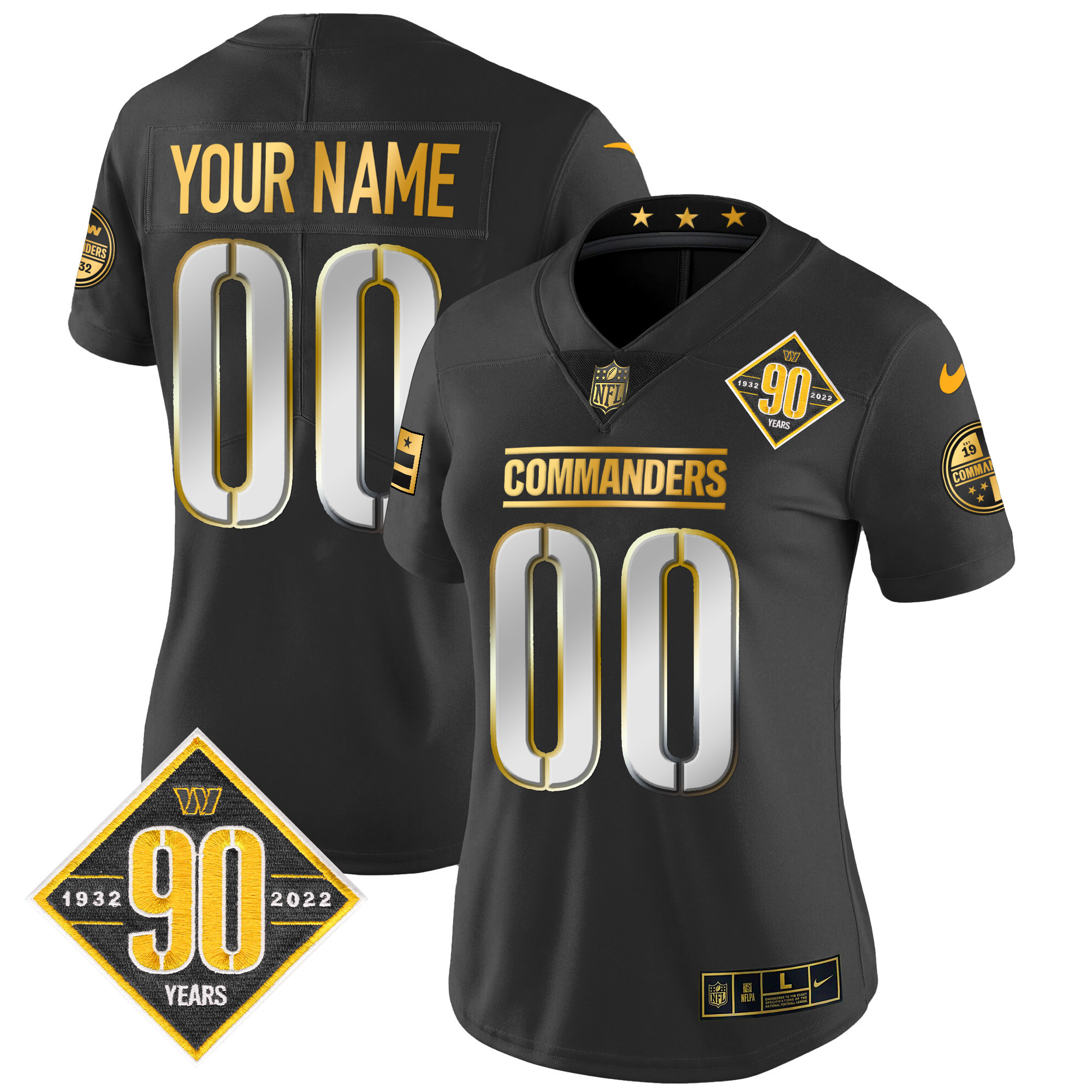 Washington Commanders 90th Anniversary Patch Gold Vapor Custom Black Limited Jersey - All Stitched 