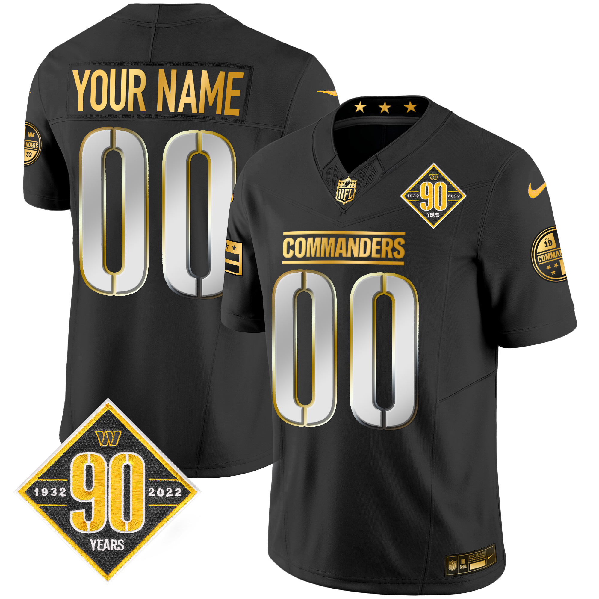 Washington Commanders 90th Anniversary Patch Gold Vapor Custom Black Limited Jersey - All Stitched 
