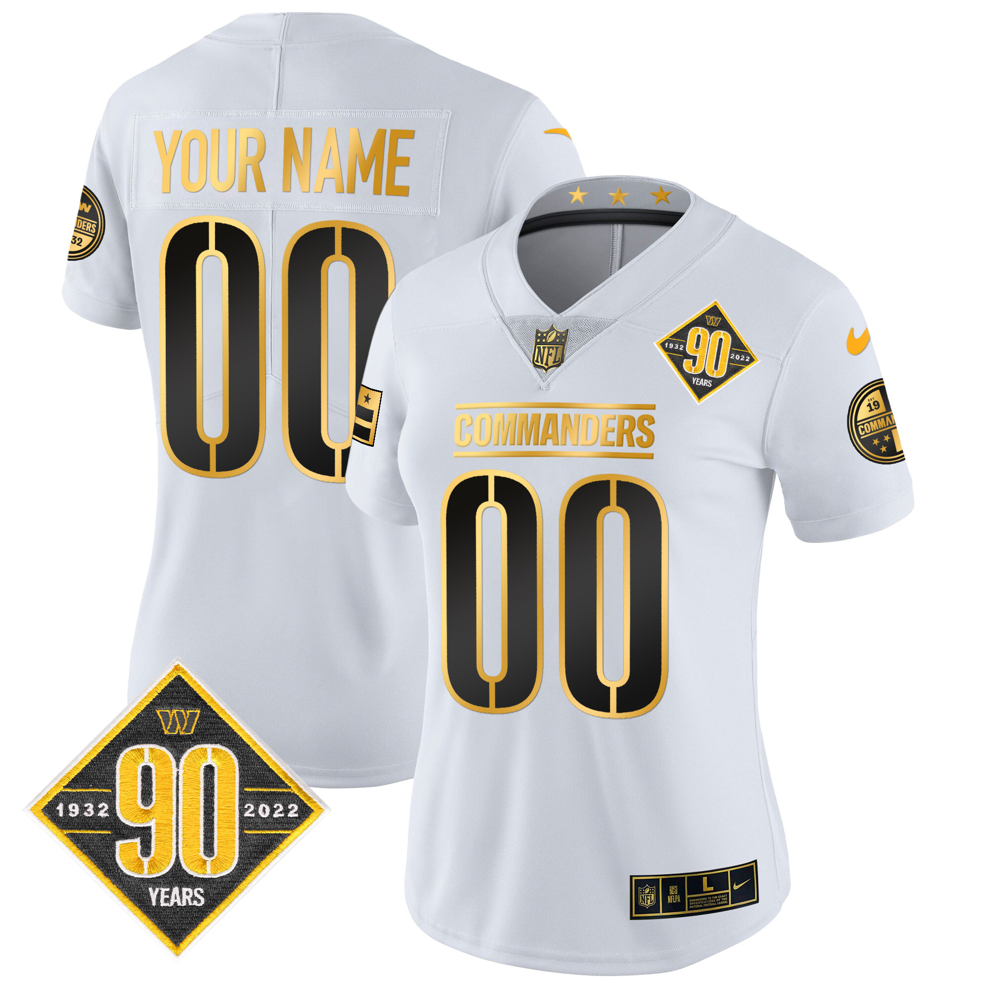 Washington Commanders 90th Anniversary Patch Gold Vapor Custom White Gold Jersey - All Stitched 