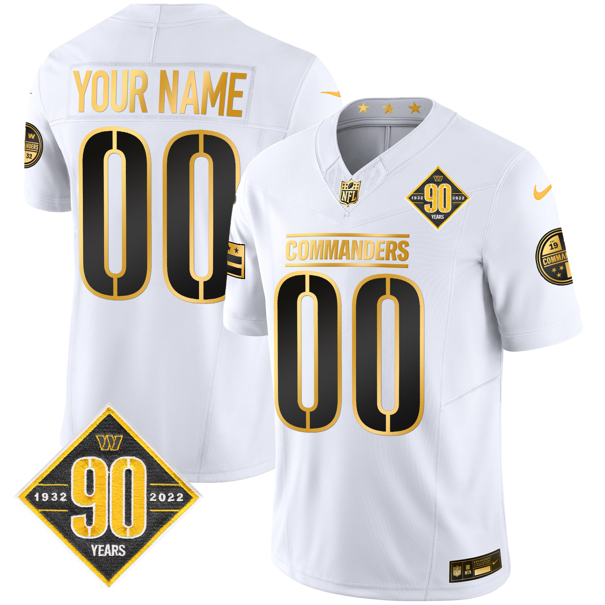 Washington Commanders 90th Anniversary Patch Gold Vapor Custom White Gold Jersey - All Stitched 