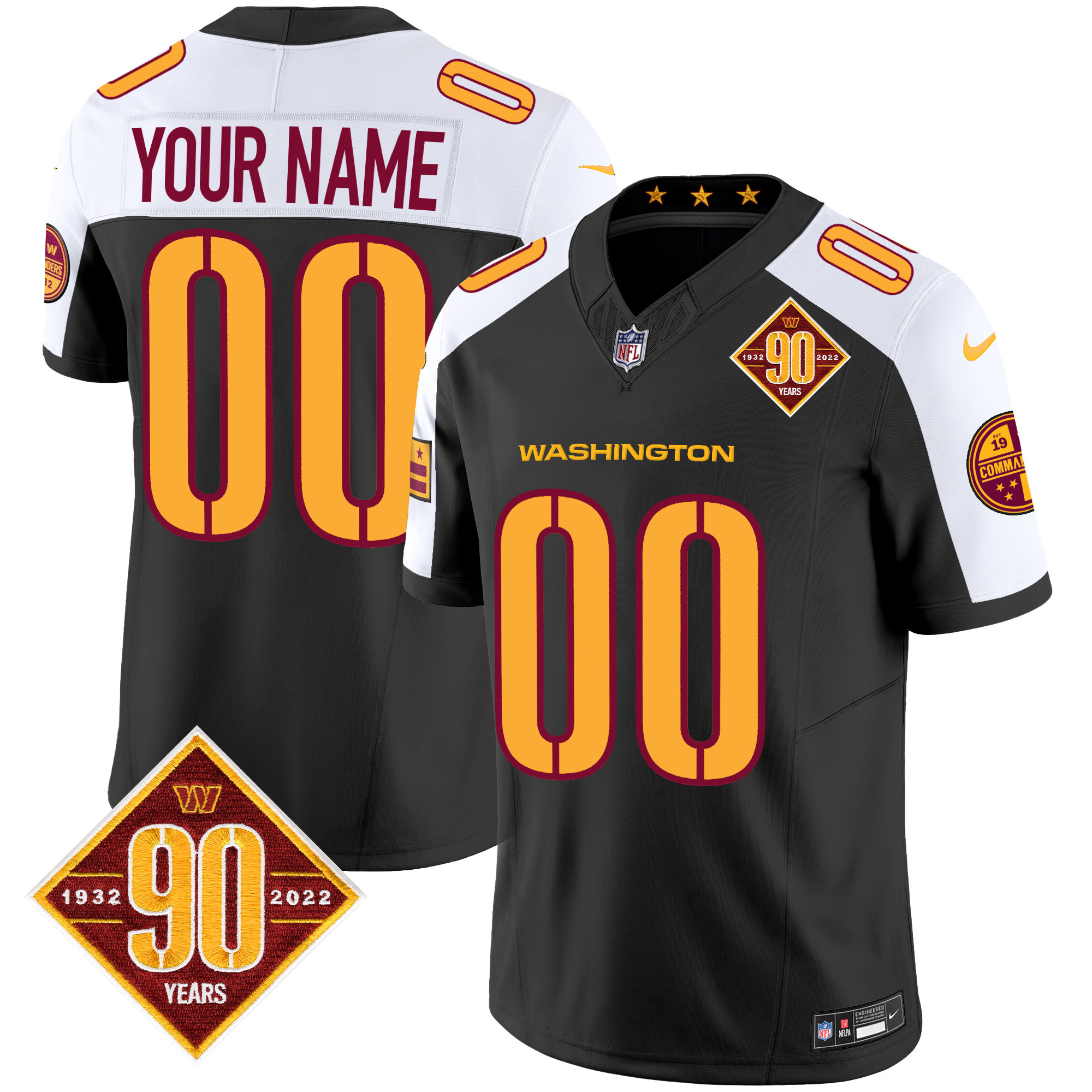 Washington Commanders 90th Anniversary Patch Vapor Custom Black Alternate Jersey - All Stitched 