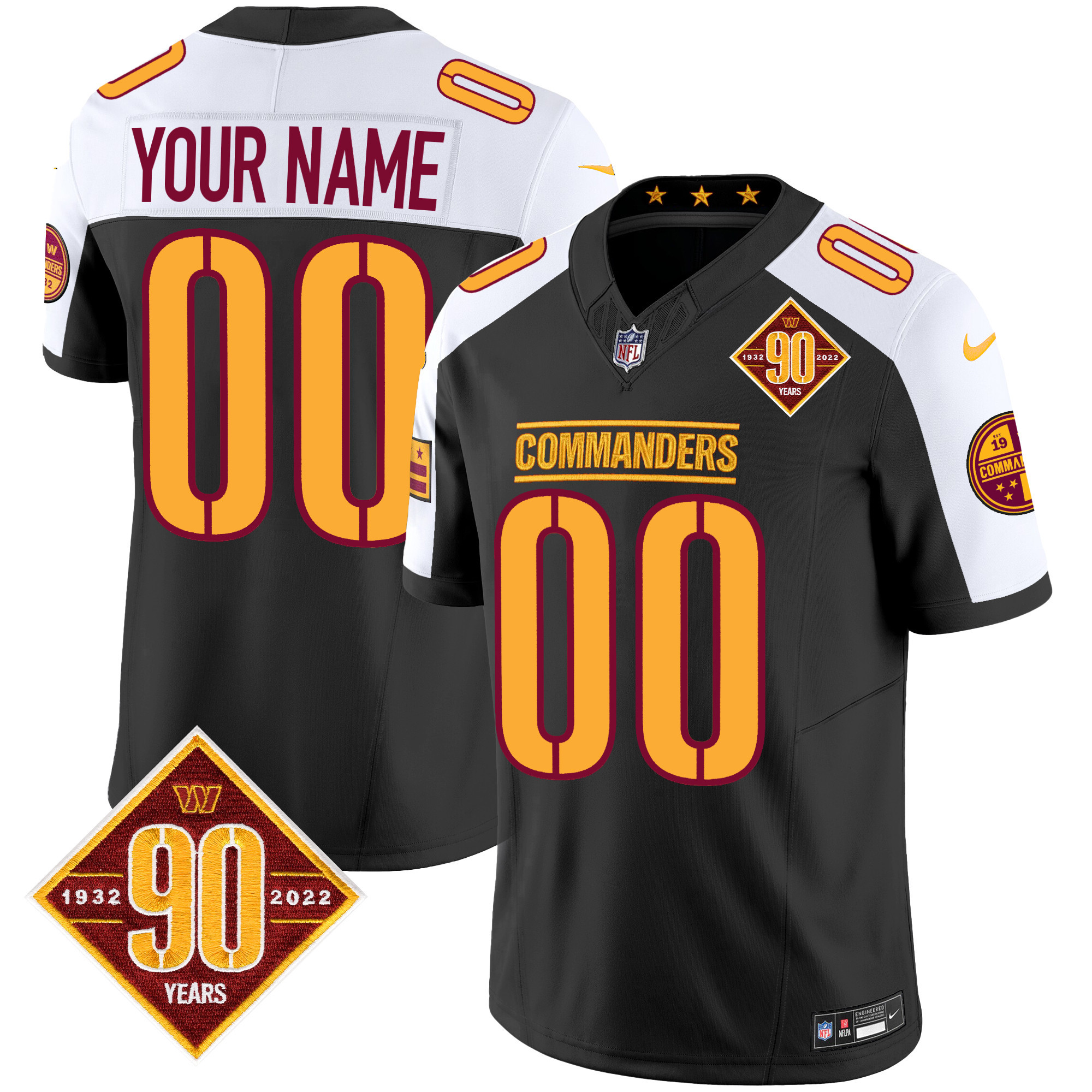Washington Commanders 90th Anniversary Patch Vapor Custom Black Alternate Jersey - All Stitched 