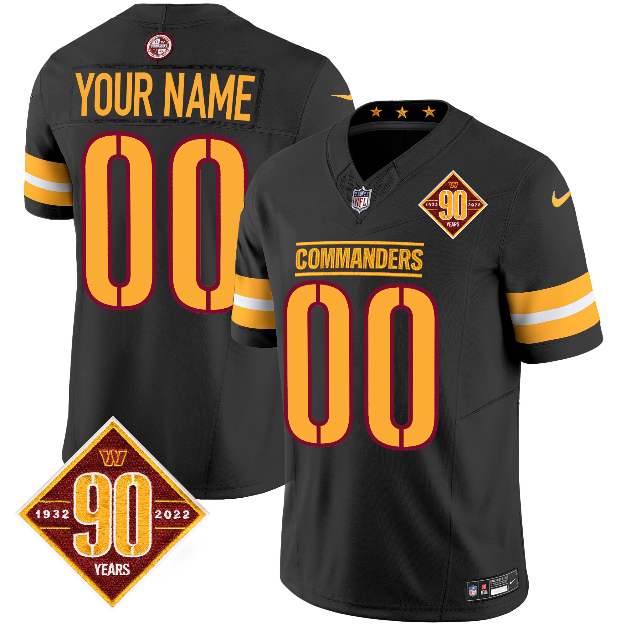 Washington Commanders 90th Anniversary Patch Vapor Custom Black Jersey - All Stitched 
