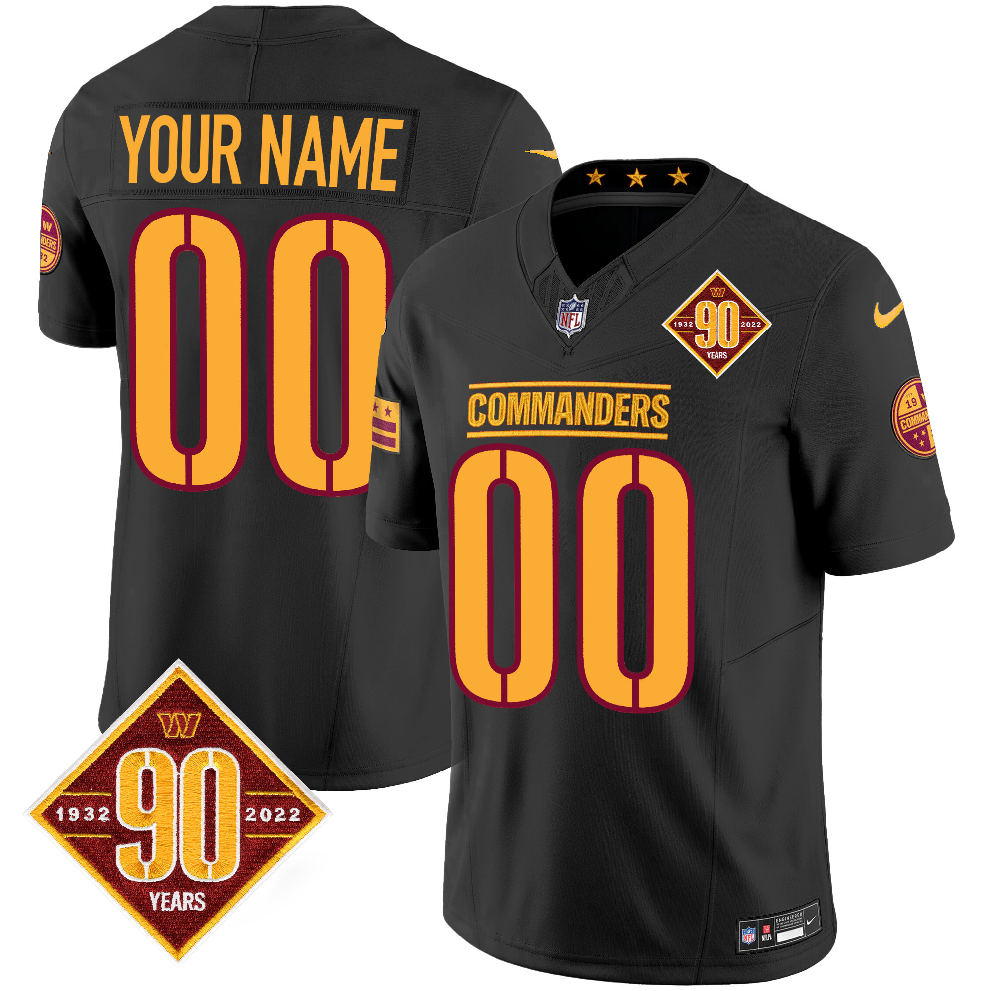 Washington Commanders 90th Anniversary Patch Vapor Custom Black Jersey - All Stitched 