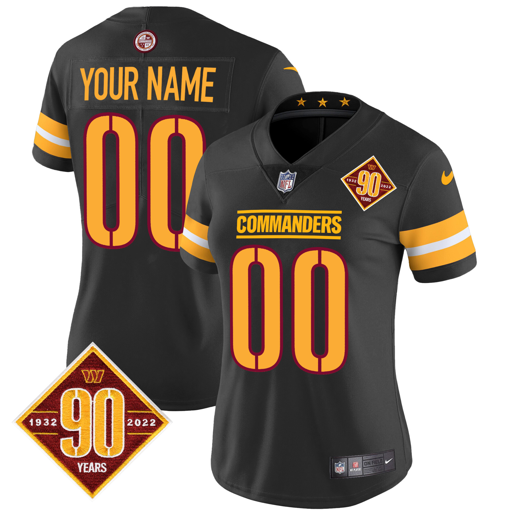 Washington Commanders 90th Anniversary Patch Vapor Custom Black Jersey - All Stitched 
