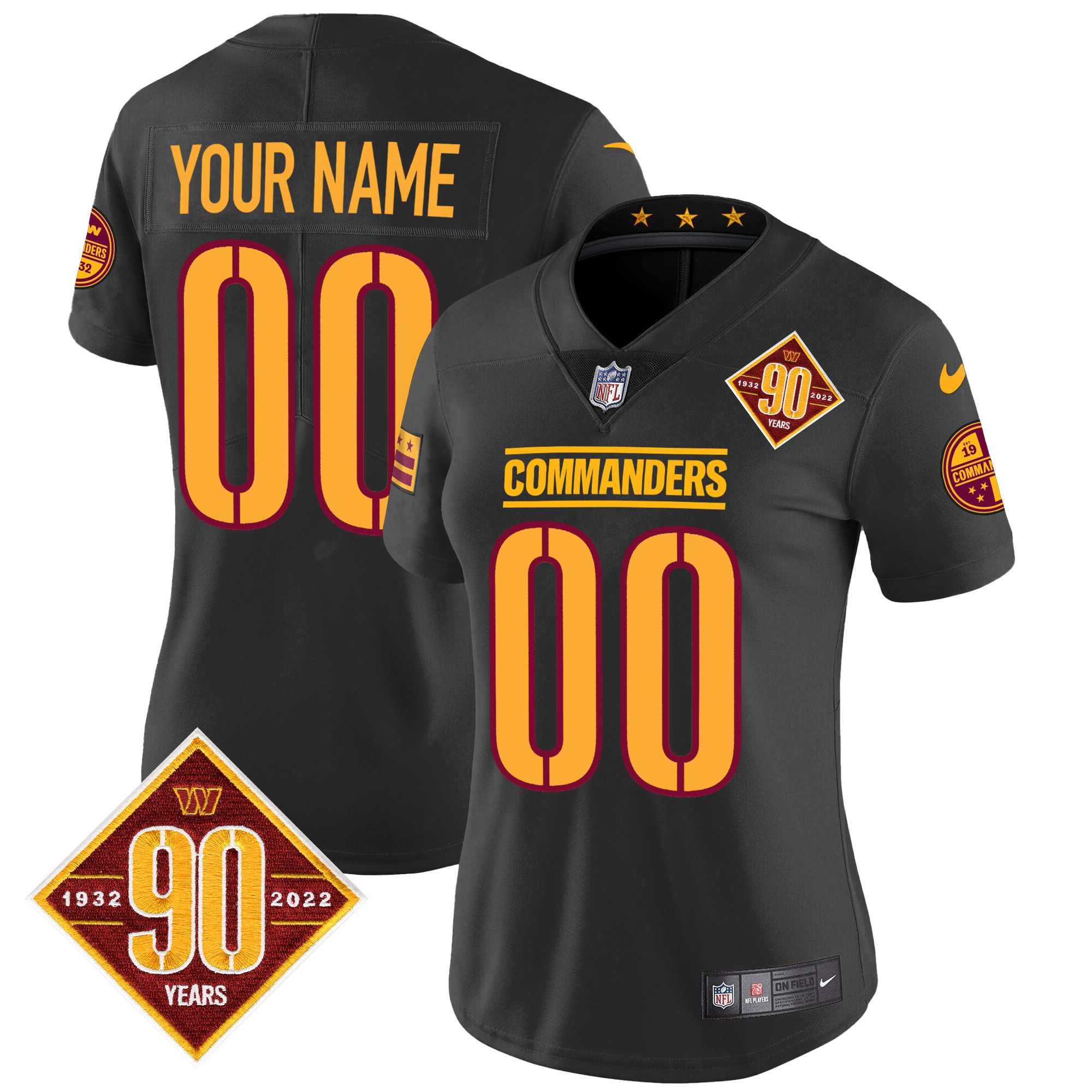 Washington Commanders 90th Anniversary Patch Vapor Custom Black Jersey - All Stitched 